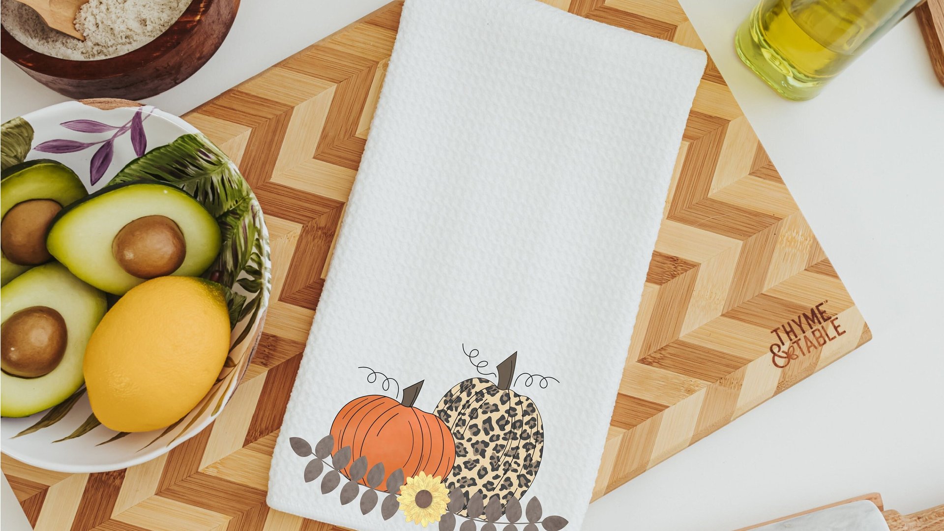 hello fall kitchen towel set, leopard pumpkin decor, sunflower gifts for Mom, new apartment gift for her, fall decorations for home, October