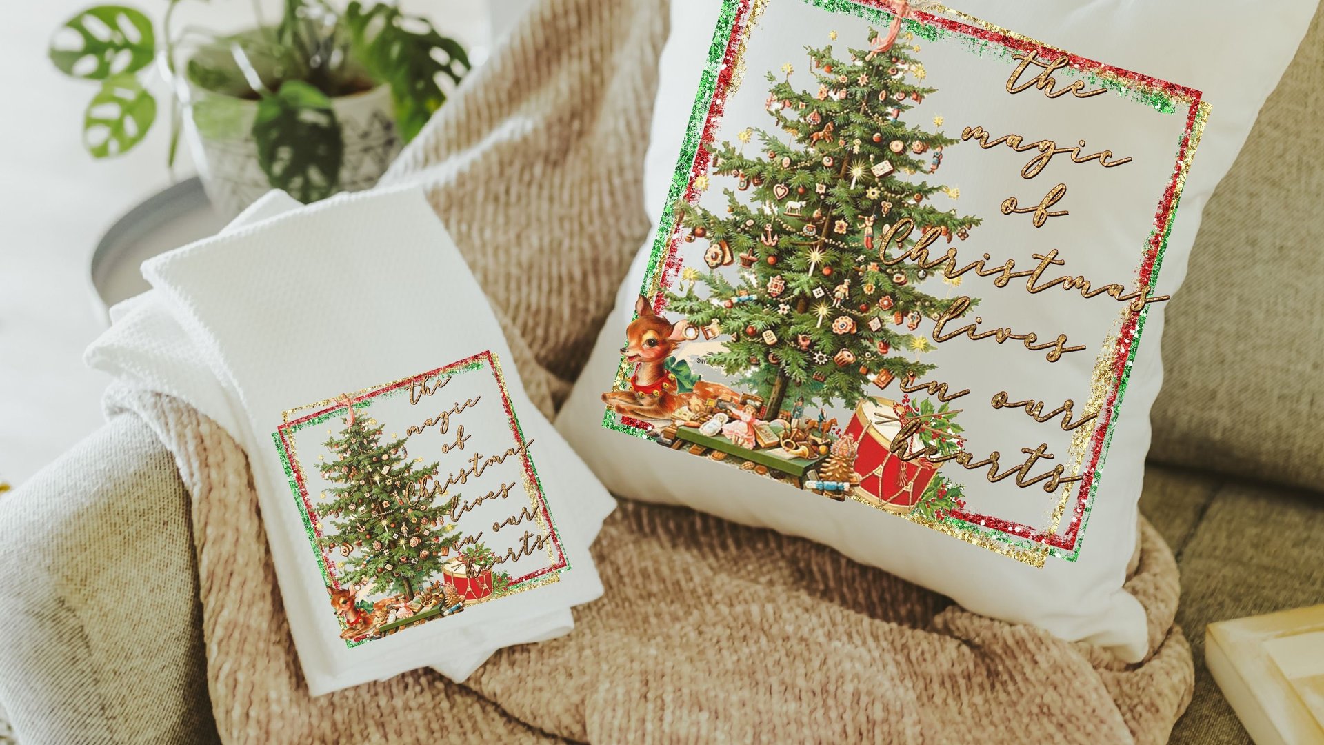 the magic of Christmas throw pillow for couch, unique Christmas hostess gift for women, festive Christmas kitchen towels for friends, secret