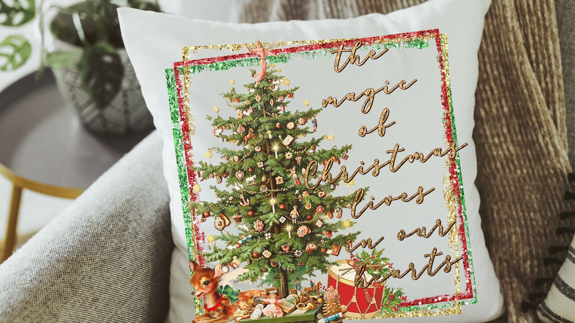 the magic of Christmas throw pillow for couch, unique Christmas hostess gift for women, festive Christmas kitchen towels for friends, secret