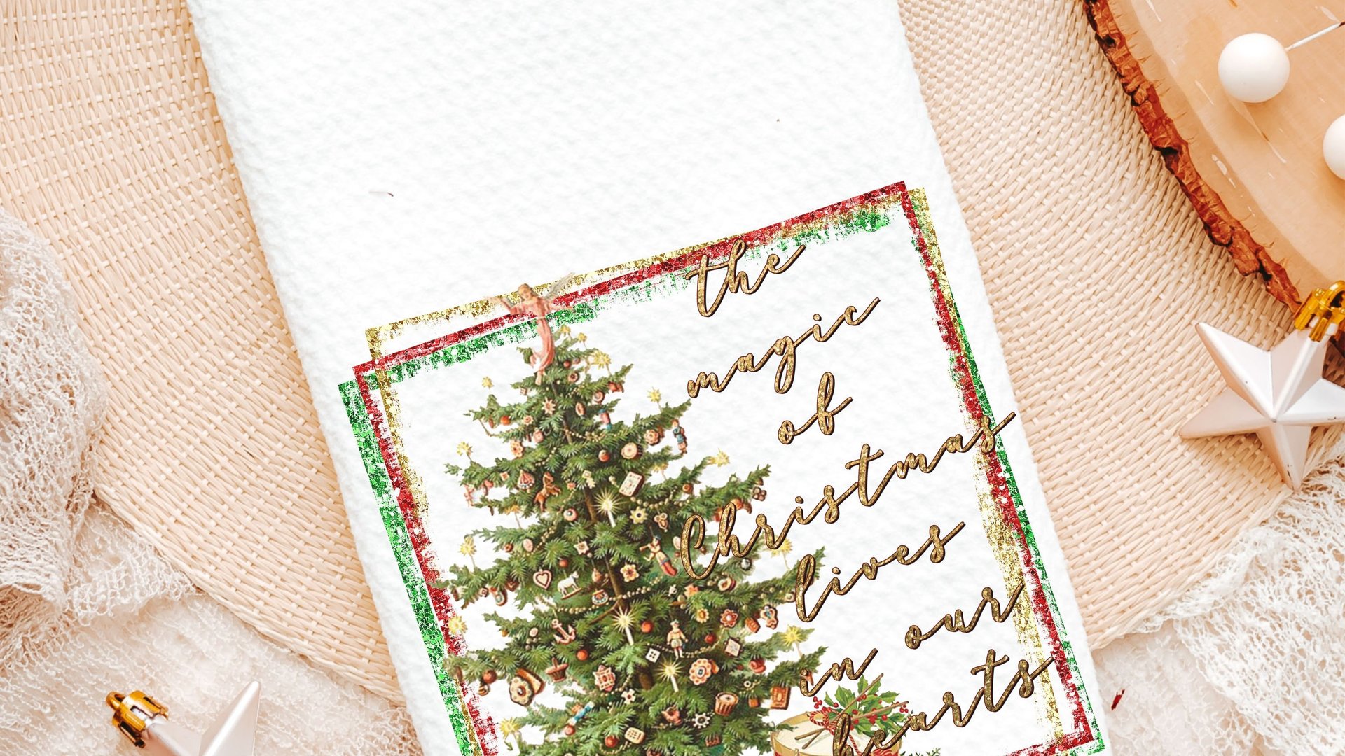 the magic of Christmas throw pillow for couch, unique Christmas hostess gift for women, festive Christmas kitchen towels for friends, secret