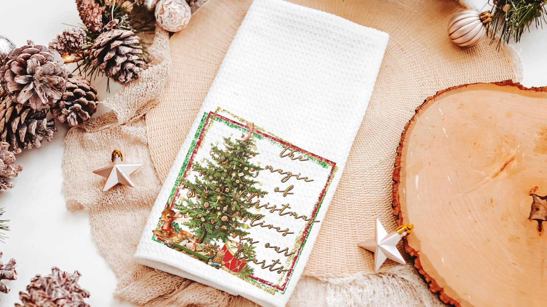 the magic of Christmas throw pillow for couch, unique Christmas hostess gift for women, festive Christmas kitchen towels for friends, secret