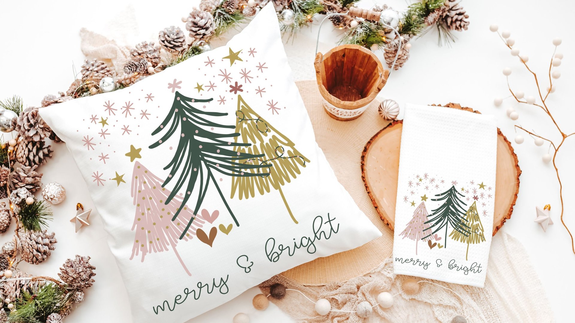 merry and bright kitchen towels for Christmas, blush pink Christmas tree hand towels for church, trending Christmas gifts for neighbors