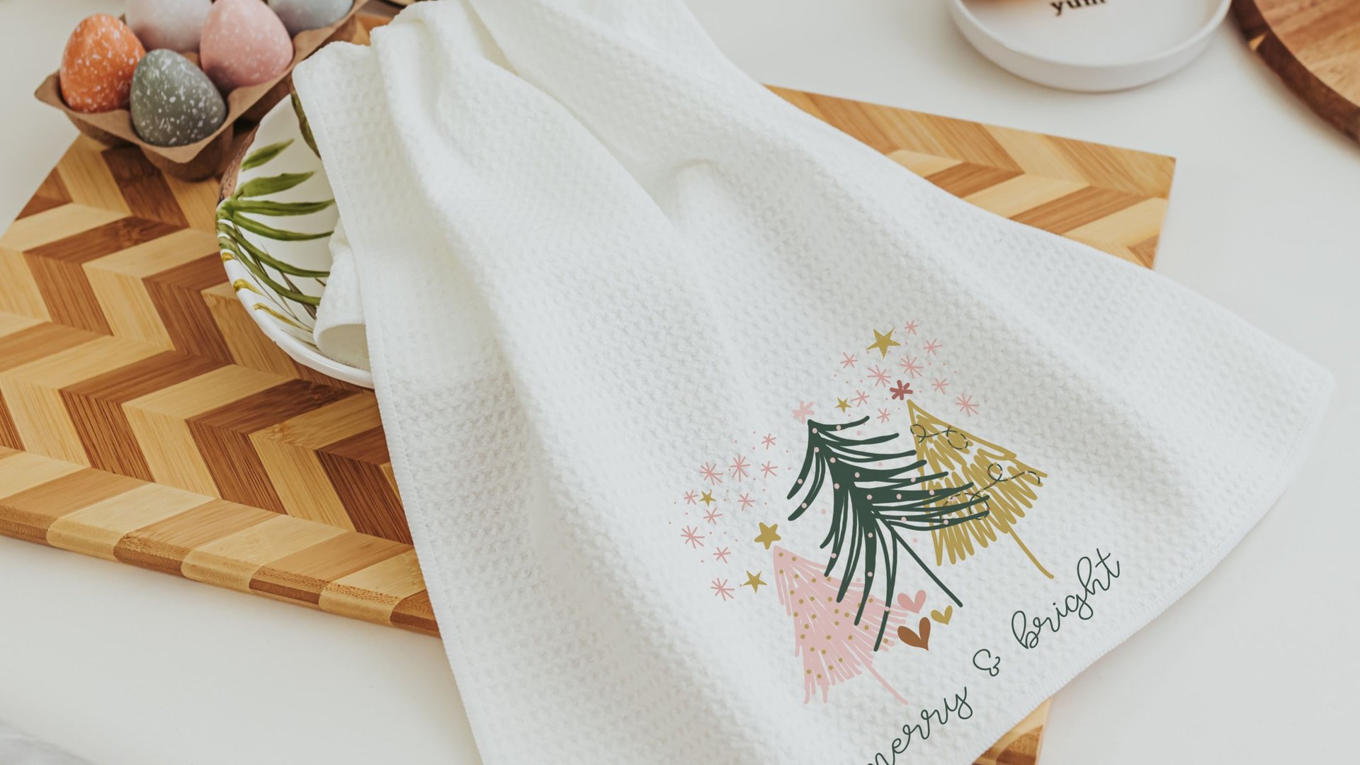 merry and bright kitchen towels for Christmas, blush pink Christmas tree hand towels for church, trending Christmas gifts for neighbors
