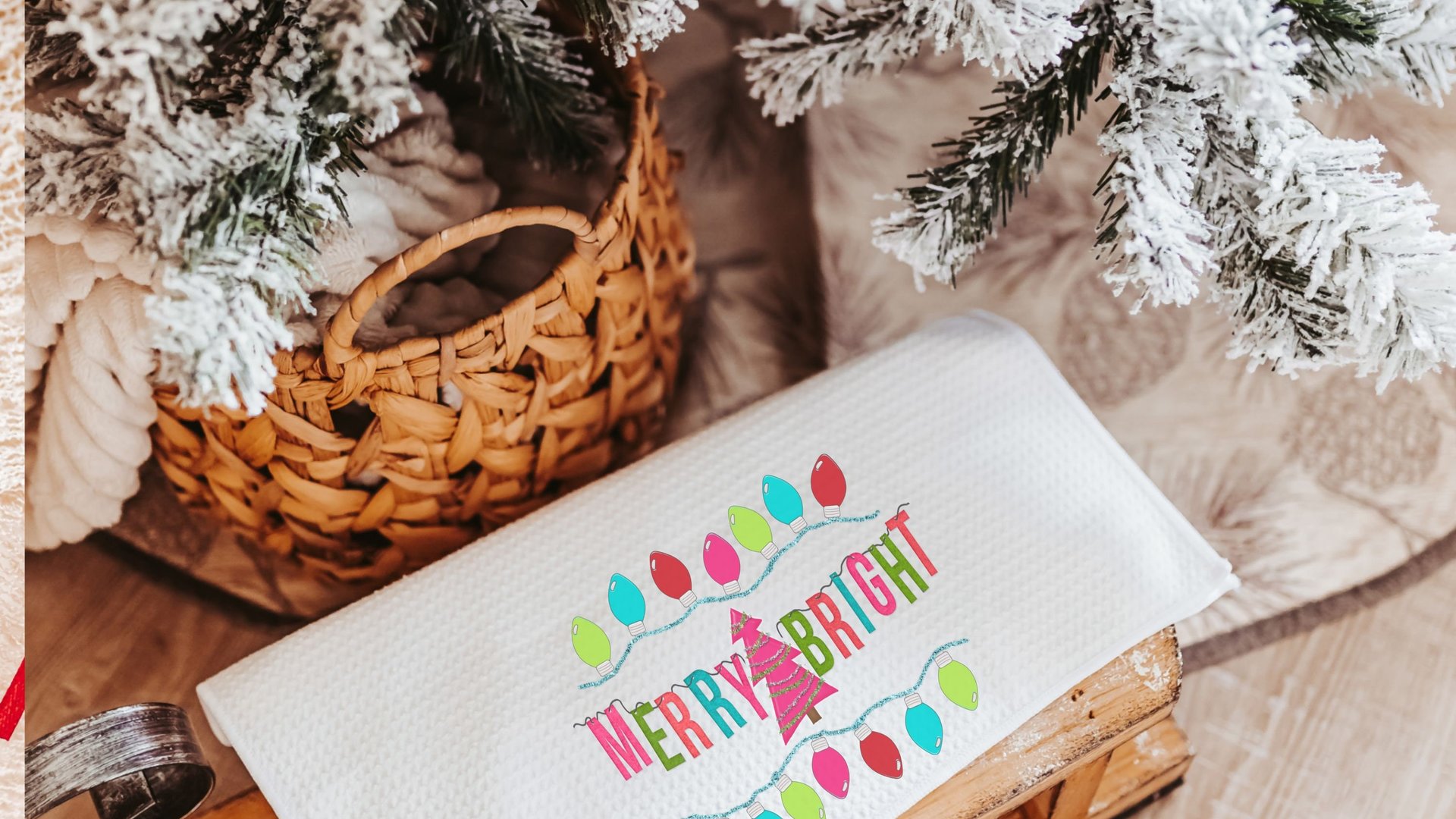 merry and bright Christmas kitchen towels for gifts, colorful Christmas hand towels for bathroom, stocking stuffers for her, pink Christmas