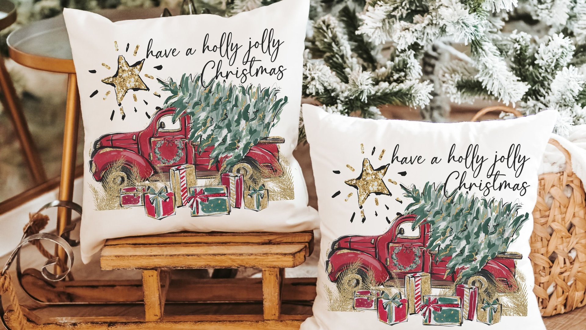 have a holly jolly Christmas throw pillows for couch, red truck Christmas kitchen towels for friends, Christmas gifts for new homeowners