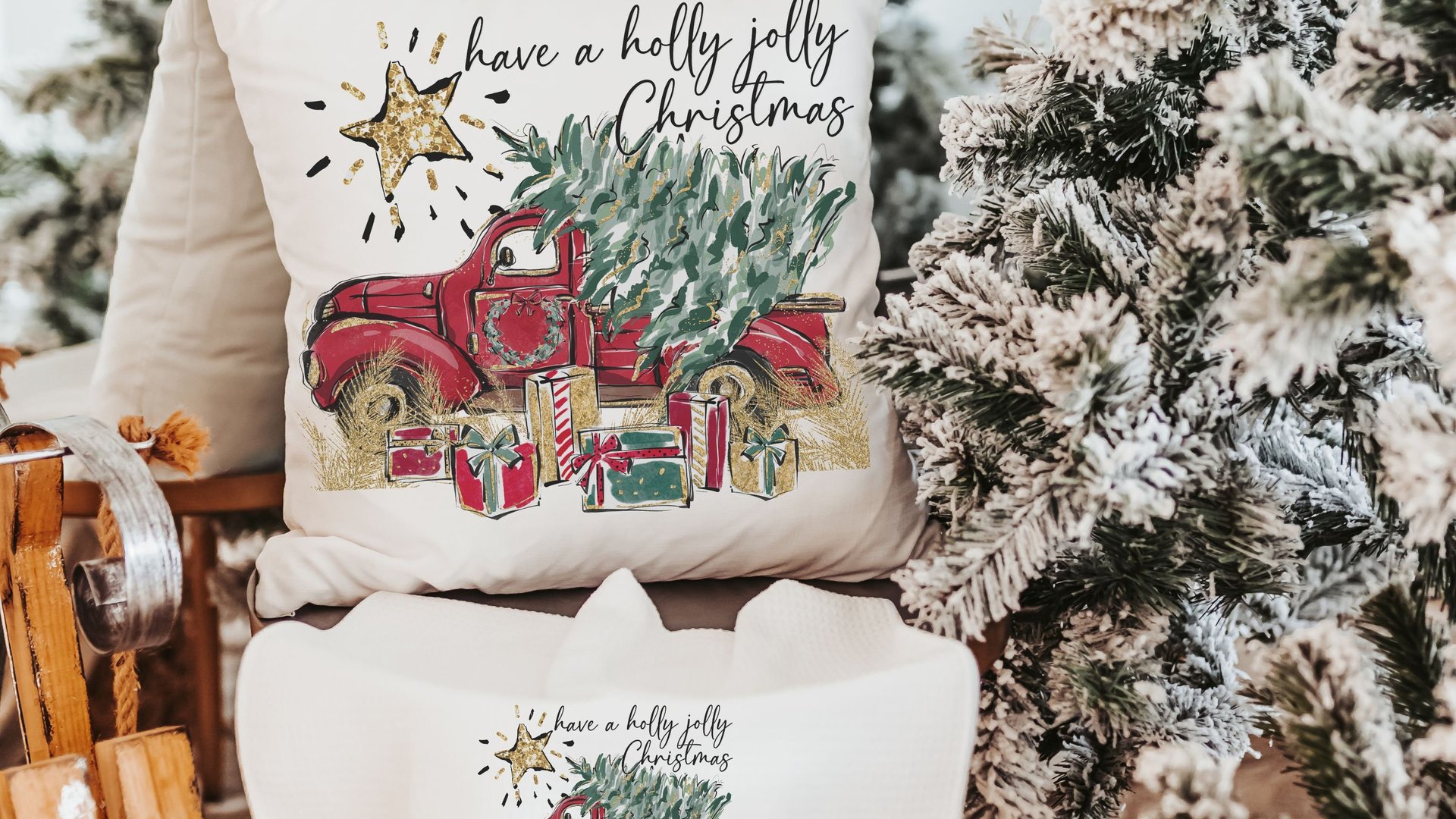 have a holly jolly Christmas throw pillows for couch, red truck Christmas kitchen towels for friends, Christmas gifts for new homeowners