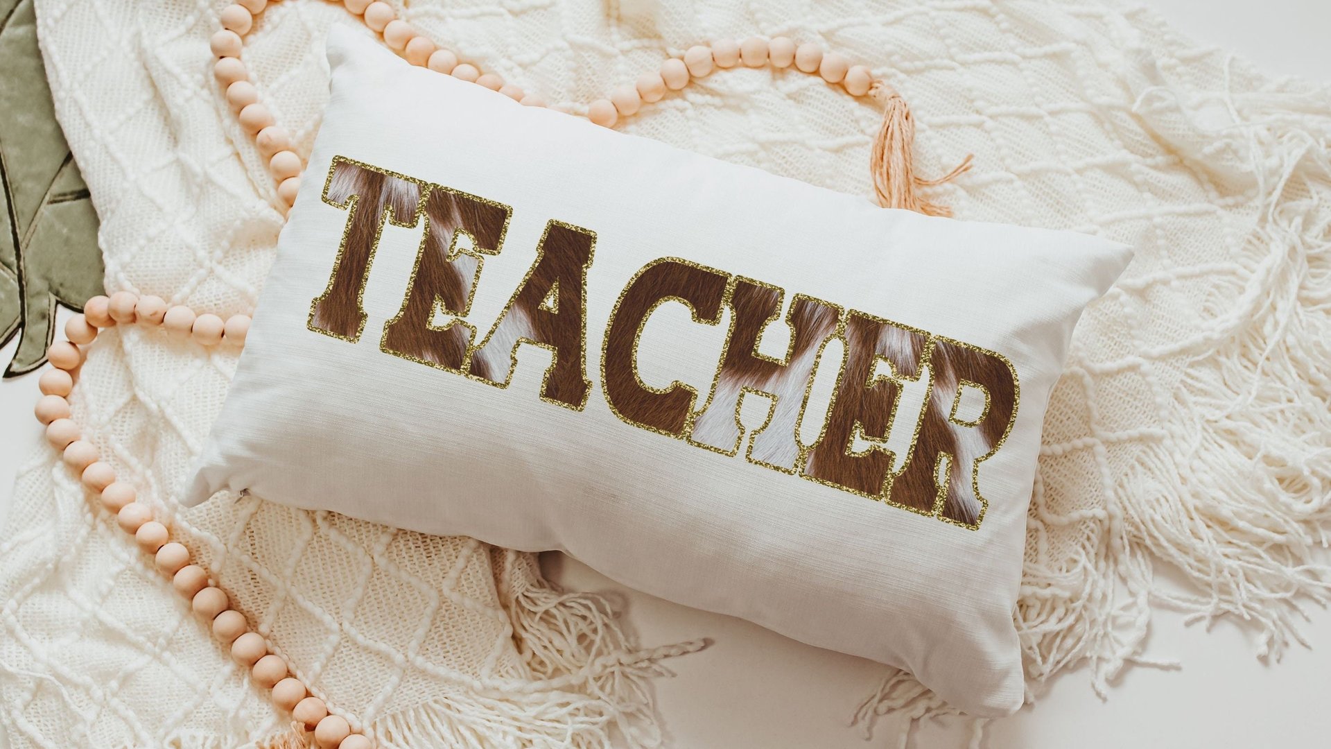 teacher cow print lumbar throw pillow for chair, cowboy classroom decor, western cowhide throw pillow, back to school gifts for teachers