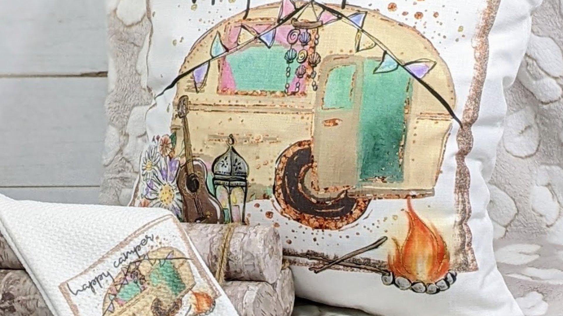 happy camper throw pillow for couch,  boho camper decor, glamping gifts, boho decor for home, RV accessories for inside, van life gift, best