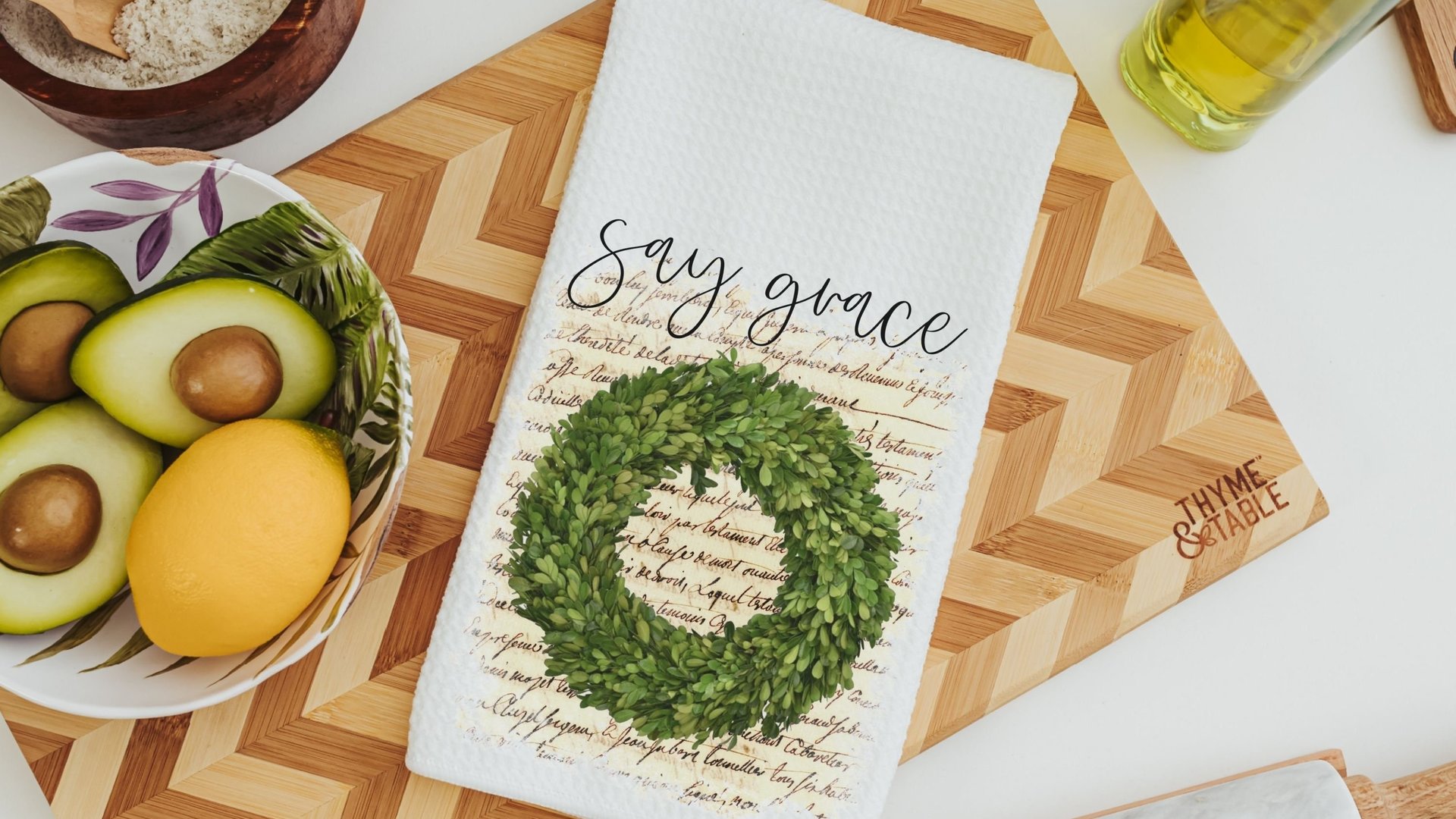 say grace farmhouse kitchen towels, Christmas gifts for Mom from daughter, stocking stuffers for women, Christian gifts for home, dish towel