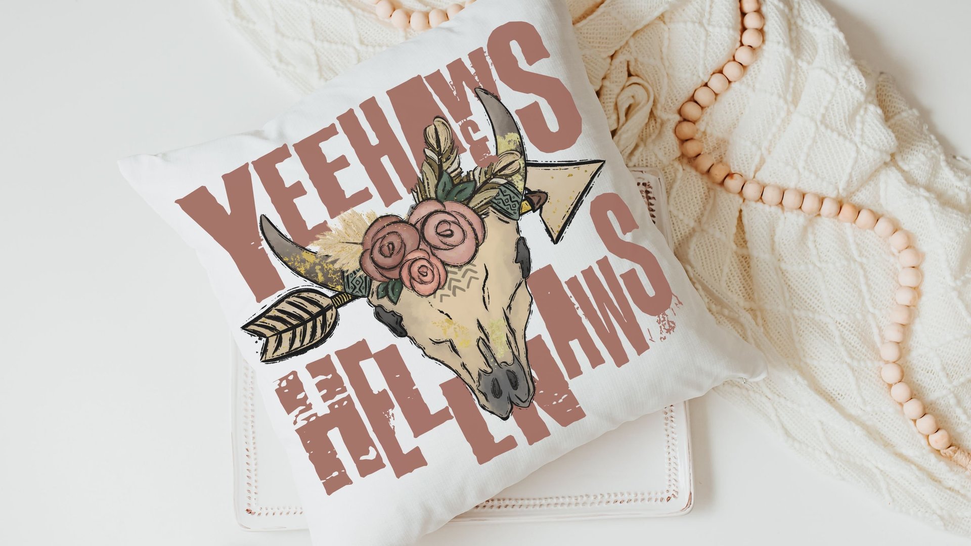 yeehaws and hellnaws boho throw pillows for couch, college dorm decor for girls, southwestern decor for home, floral skull dorm pillows for