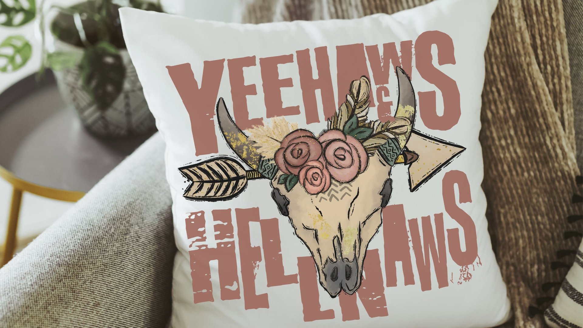 yeehaws and hellnaws boho throw pillows for couch, college dorm decor for girls, southwestern decor for home, floral skull dorm pillows for