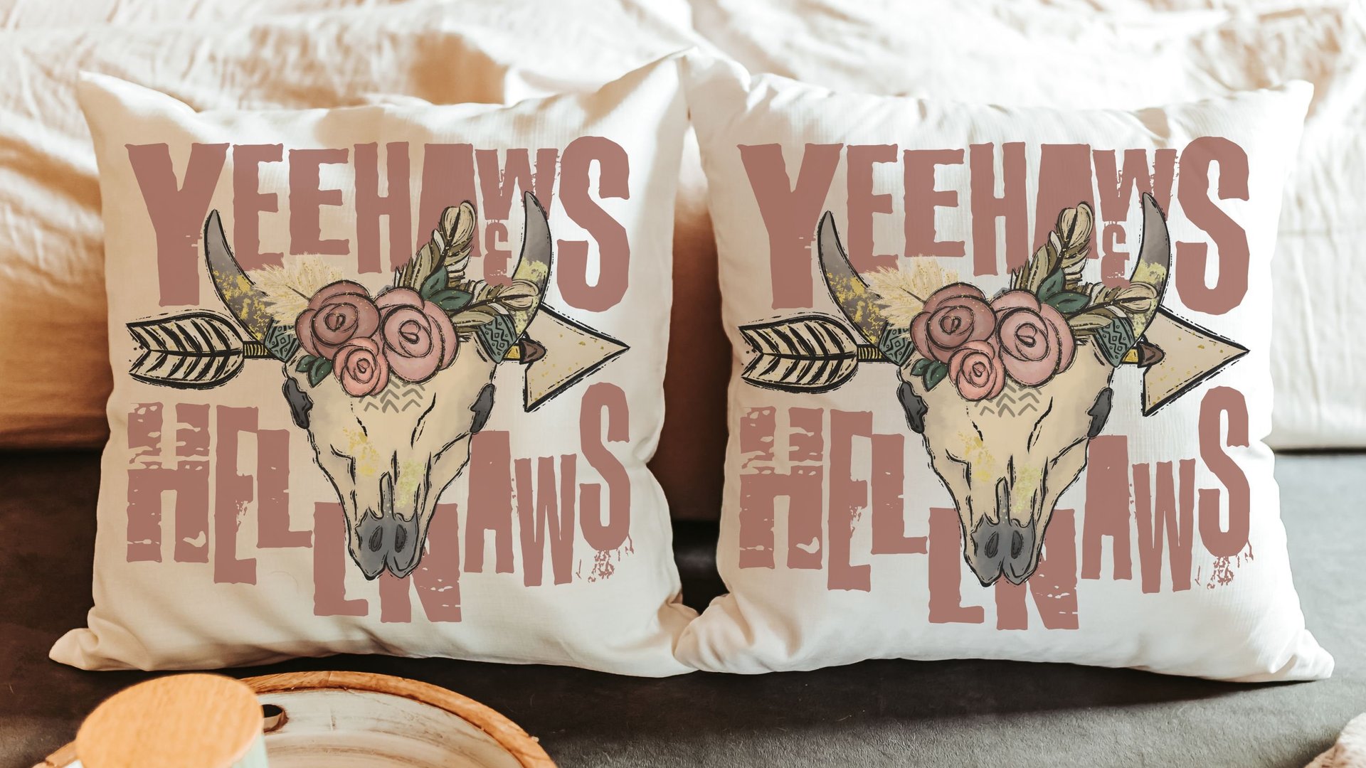 yeehaws and hellnaws boho throw pillows for couch, college dorm decor for girls, southwestern decor for home, floral skull dorm pillows for