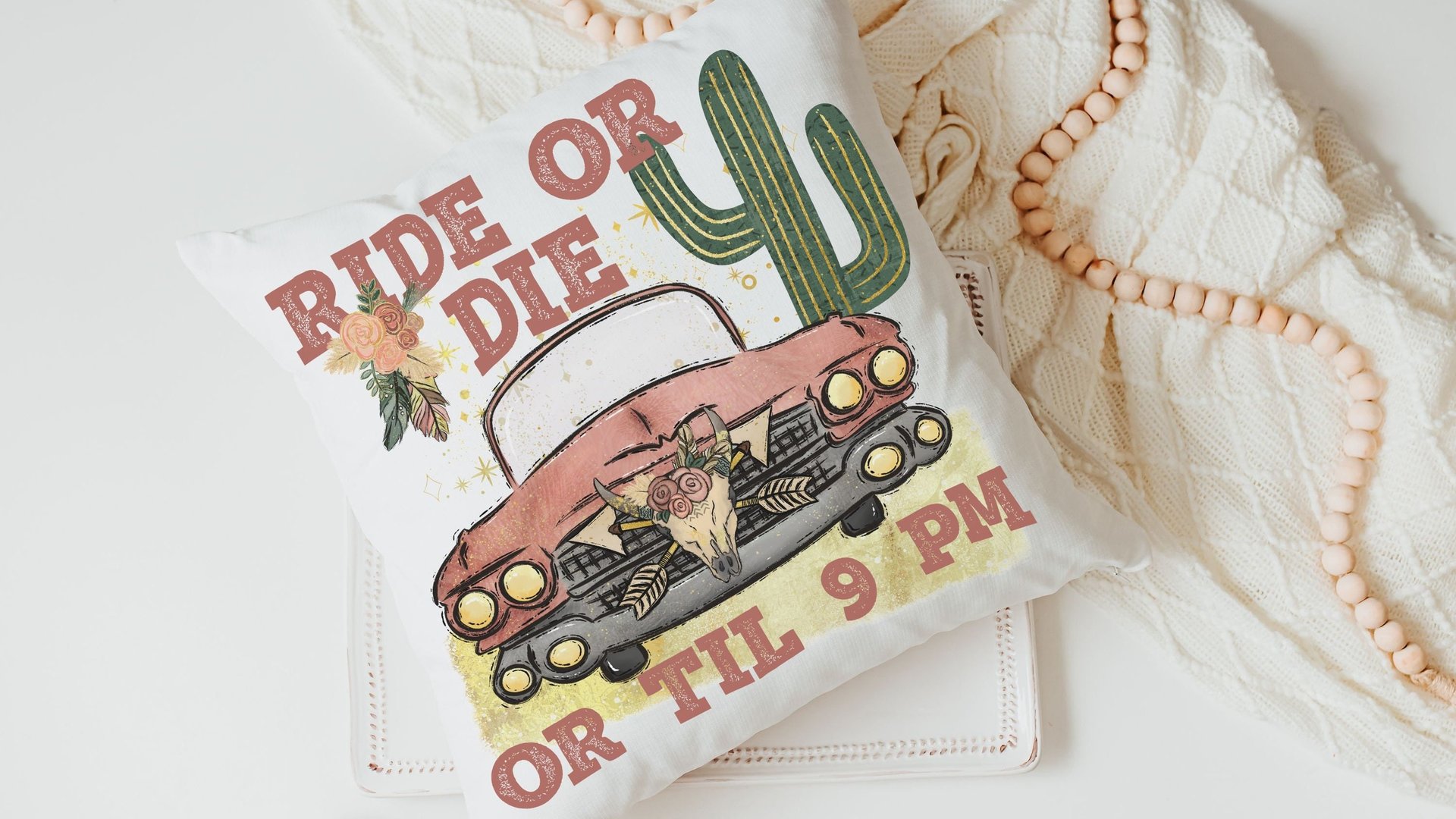 ride or die boho throw pillows for couch, southwestern decor for home, dorm pillows for college girls, pink floral throw pillow, plant mom