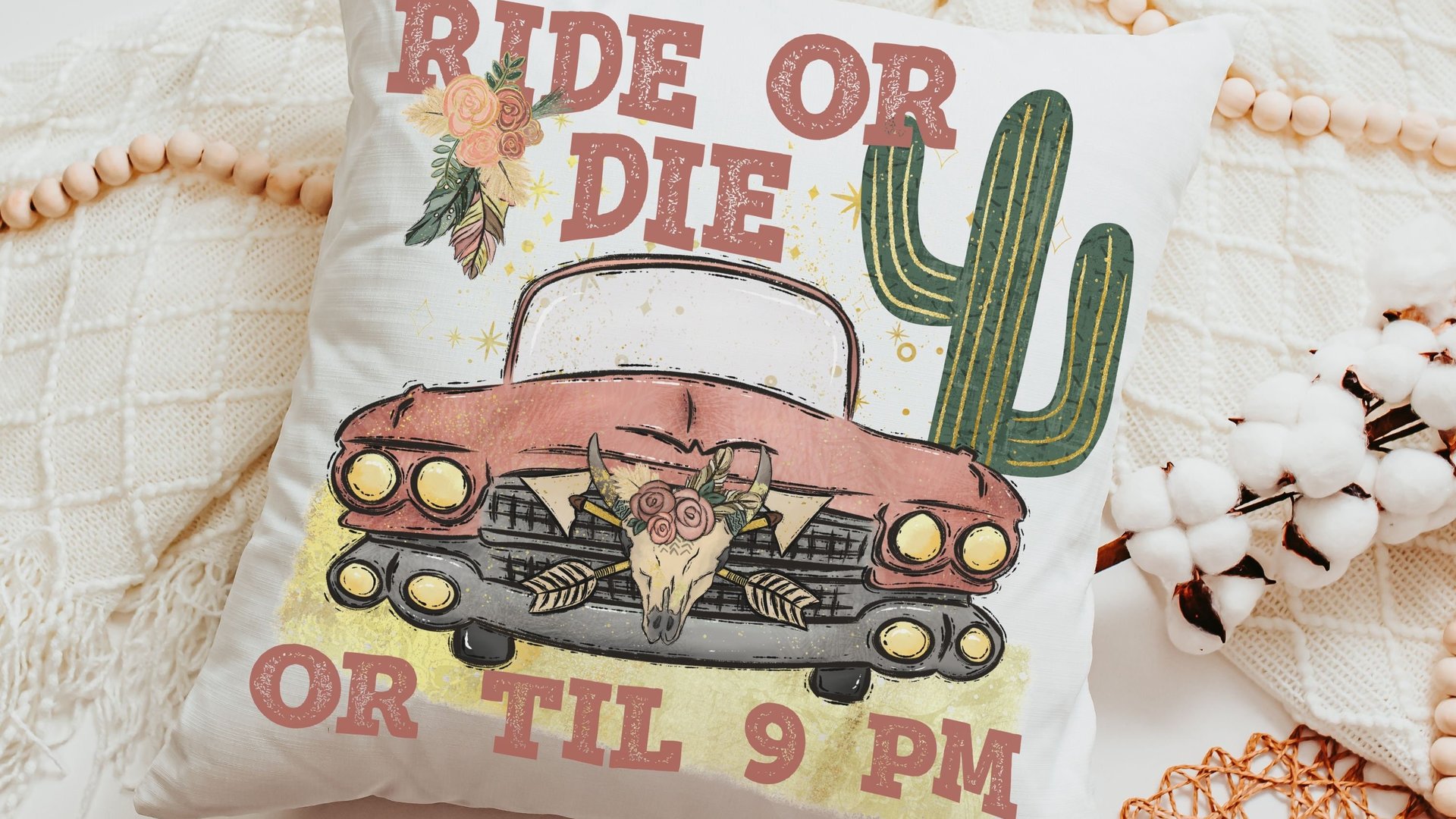 ride or die boho throw pillows for couch, southwestern decor for home, dorm pillows for college girls, pink floral throw pillow, plant mom