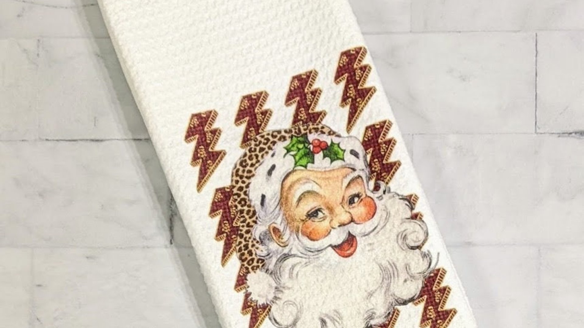 leopard print Santa throw pillow for couch, lightning bolt trendy Christmas kitchen towels for friends, secret Santa gifts for women, funky