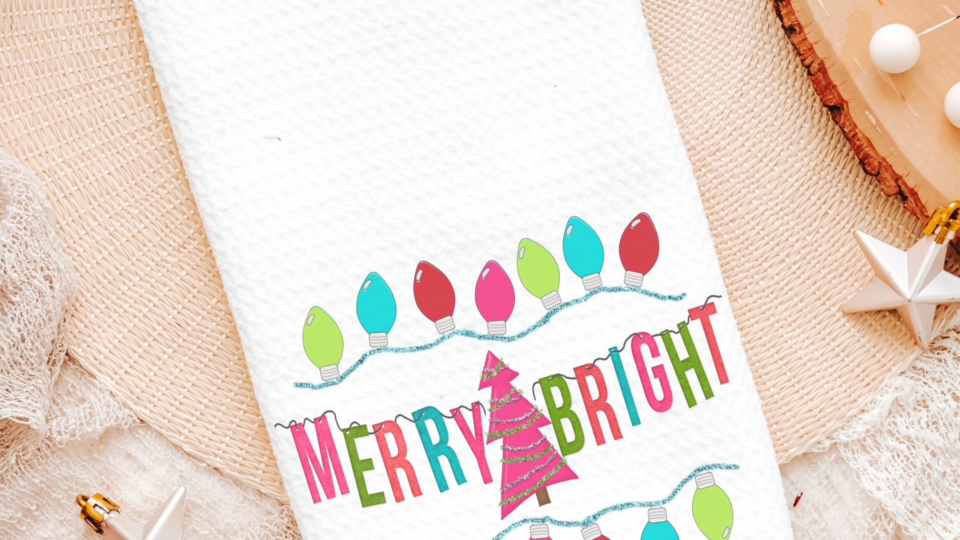 merry and bright Christmas kitchen towels for gifts, colorful Christmas hand towels for bathroom, stocking stuffers for her, pink Christmas
