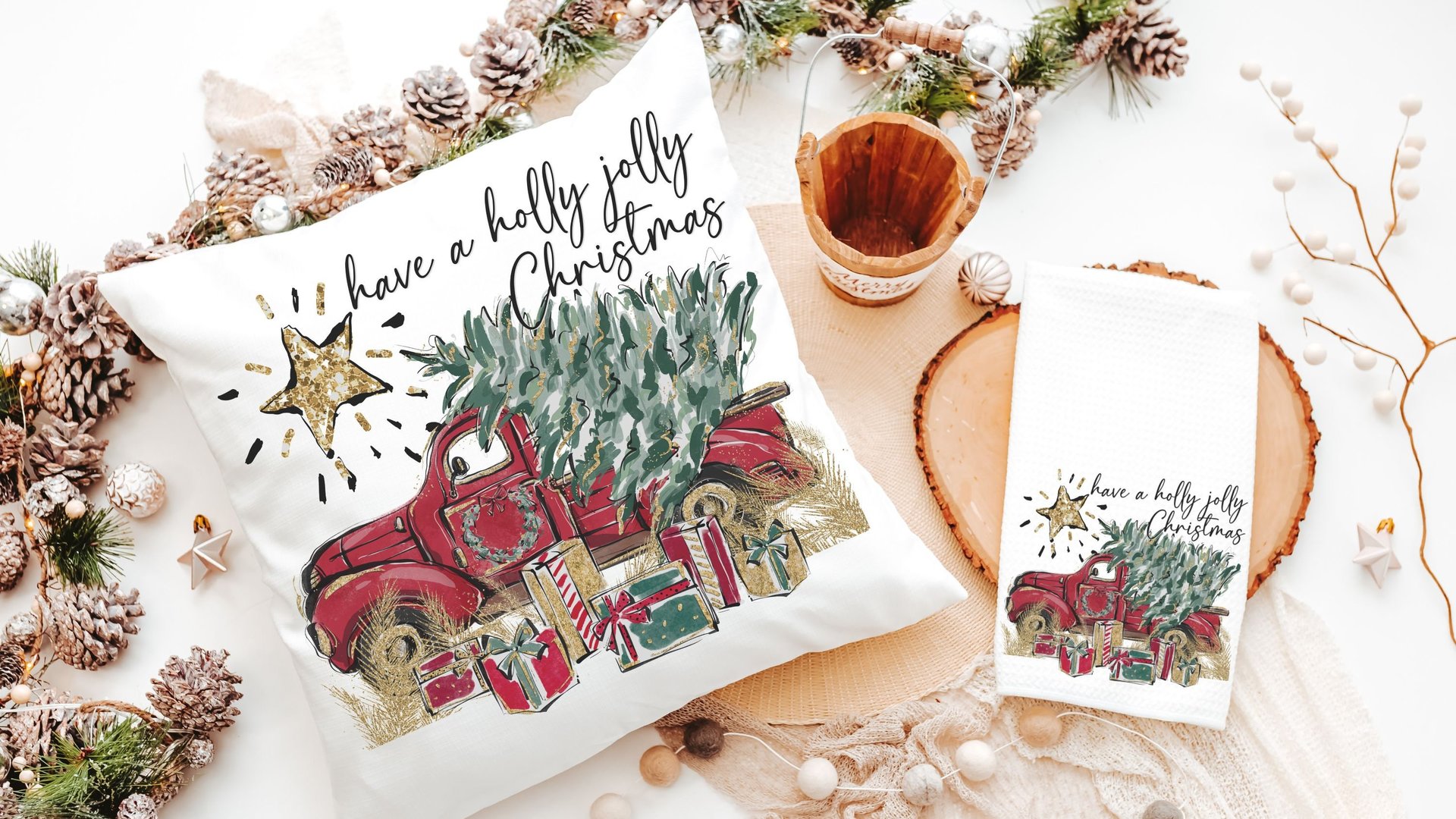 have a holly jolly Christmas throw pillows for couch, red truck Christmas kitchen towels for friends, Christmas gifts for new homeowners