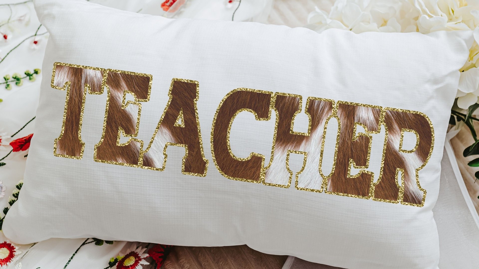 teacher cow print lumbar throw pillow for chair, cowboy classroom decor, western cowhide throw pillow, back to school gifts for teachers