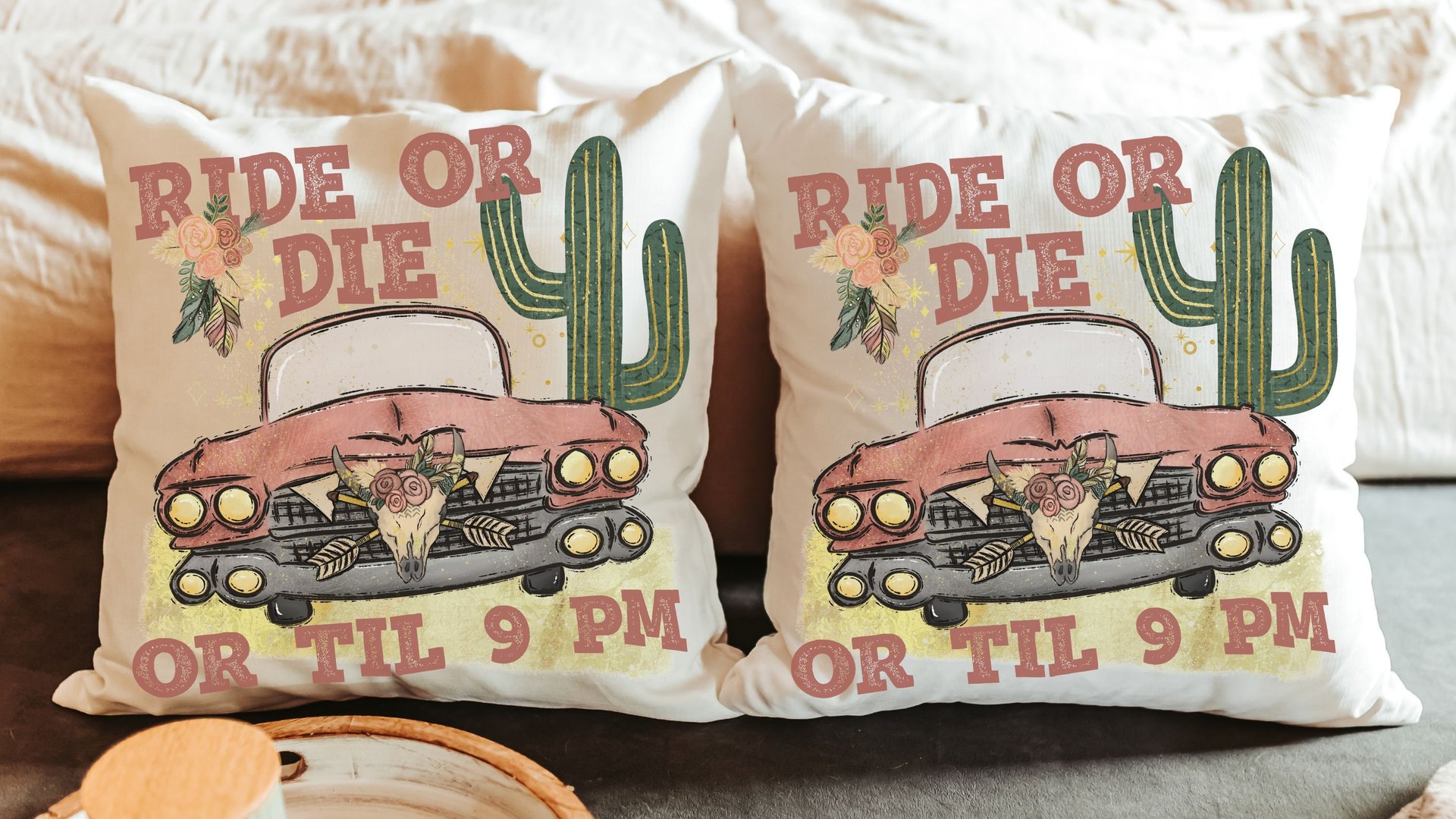 ride or die boho throw pillows for couch, southwestern decor for home, dorm pillows for college girls, pink floral throw pillow, plant mom