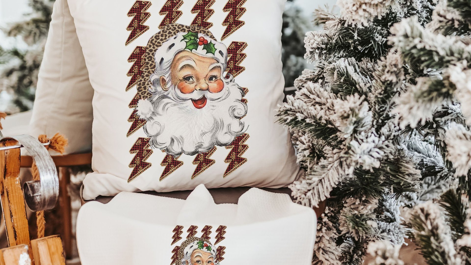 leopard print Santa throw pillow for couch, lightning bolt trendy Christmas kitchen towels for friends, secret Santa gifts for women, funky