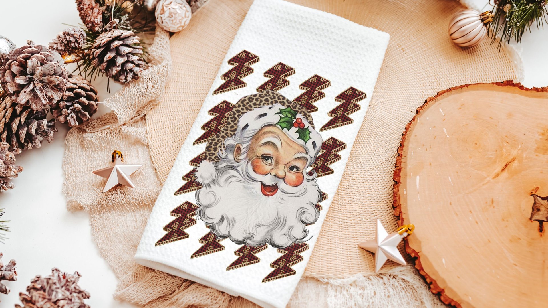 leopard print Santa throw pillow for couch, lightning bolt trendy Christmas kitchen towels for friends, secret Santa gifts for women, funky