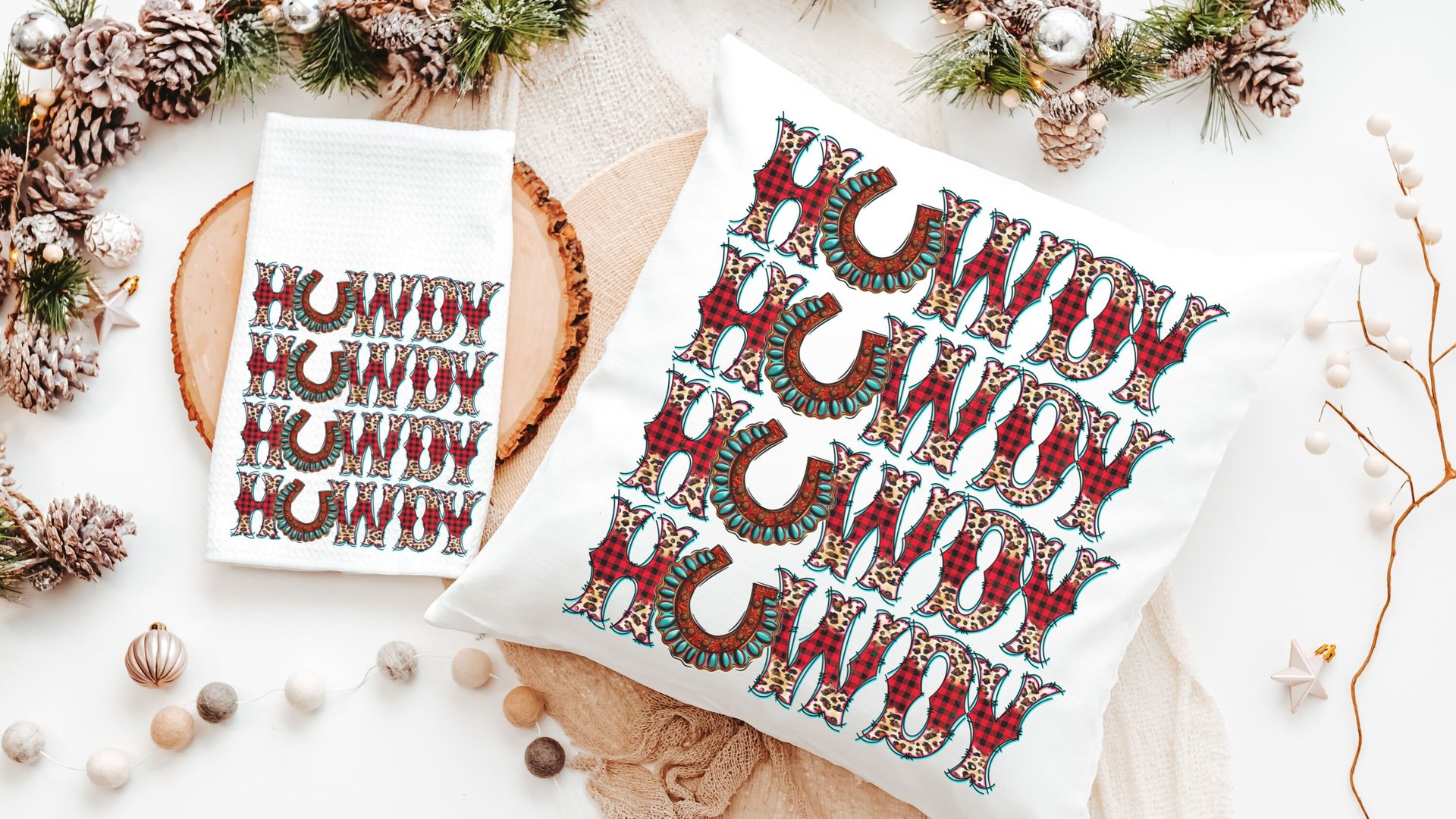 howdy Christmas throw pillow for sofa, western Christmas decor for home, country Christmas kitchen towels, trendy Christmas hostess gifts