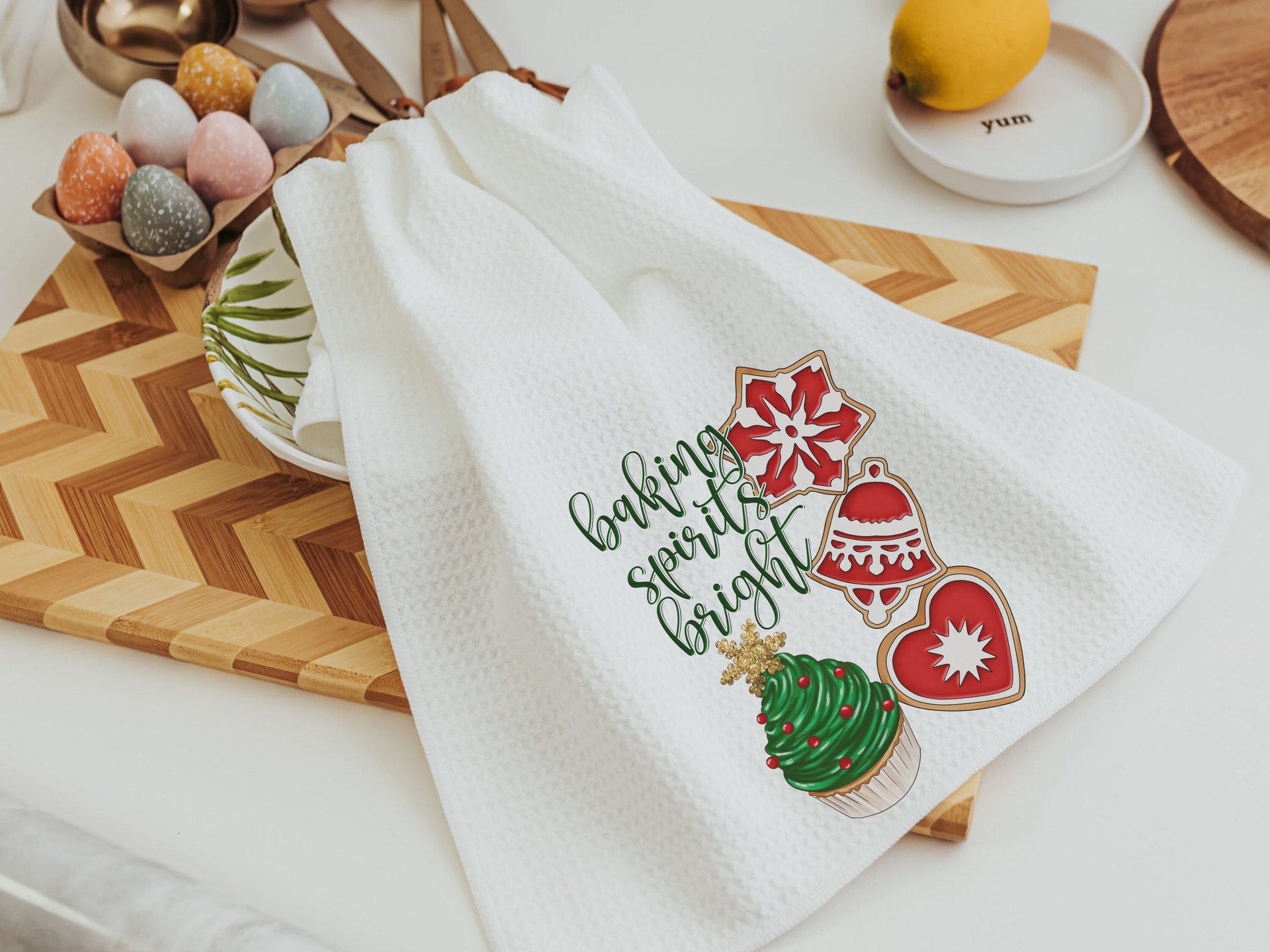 baking spirits bright Christmas kitchen towels, baking gifts for women, Christmas cookie baking crew kitchen hand towels, yankee swap gifts