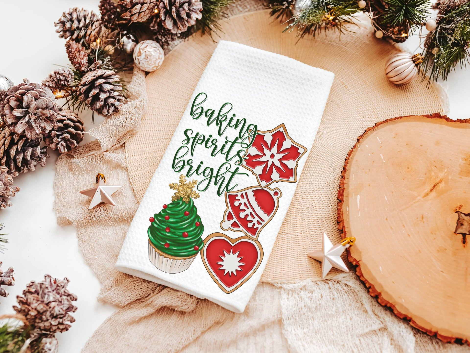 baking spirits bright Christmas kitchen towels, baking gifts for women, Christmas cookie baking crew kitchen hand towels, yankee swap gifts