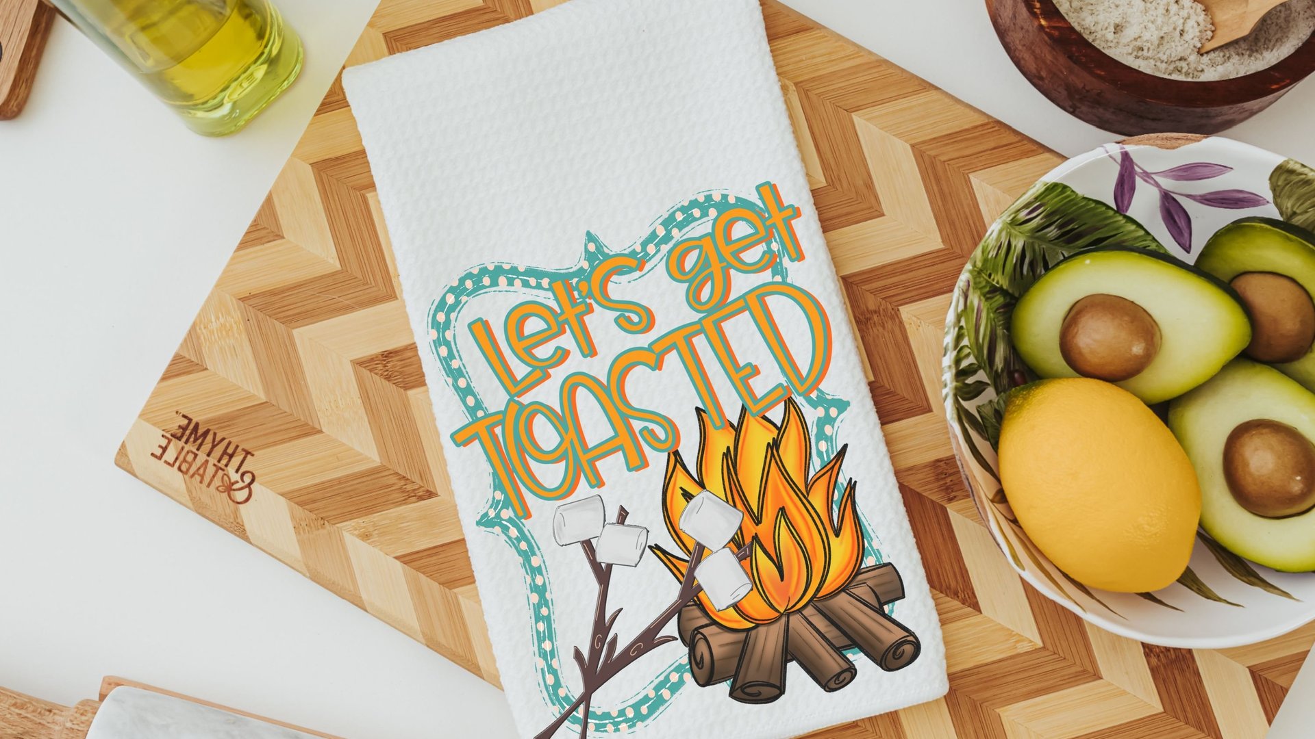 lets get toasted smores and campfire fall kitchen hand towel, camping gifts for women, pie puns funny kitchen towels for mom, baking gifts