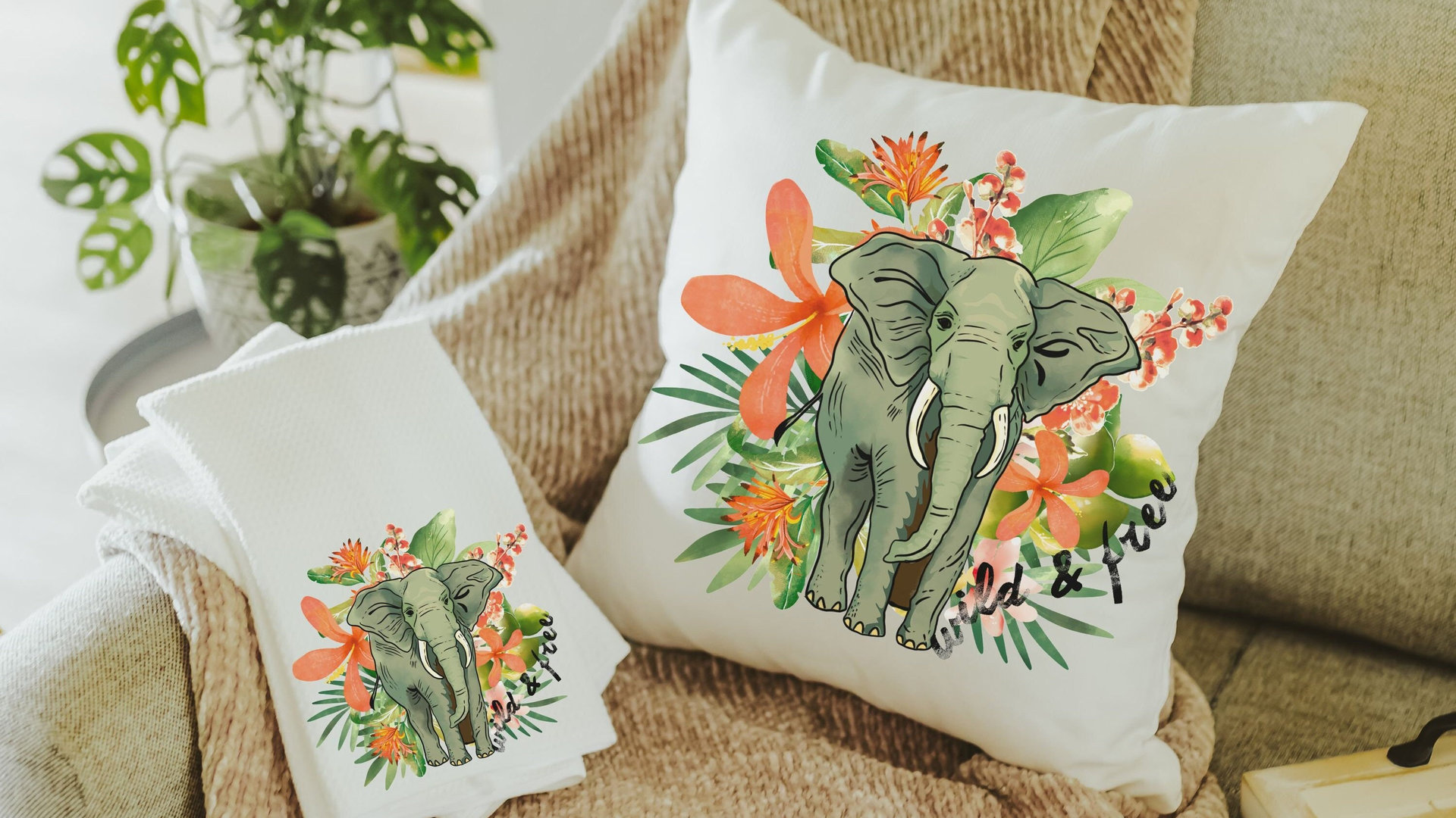 wild and free elephant throw pillow for couch, plant mom gift, tropical decor for home, elephant gifts for women, jungle nursery decor for