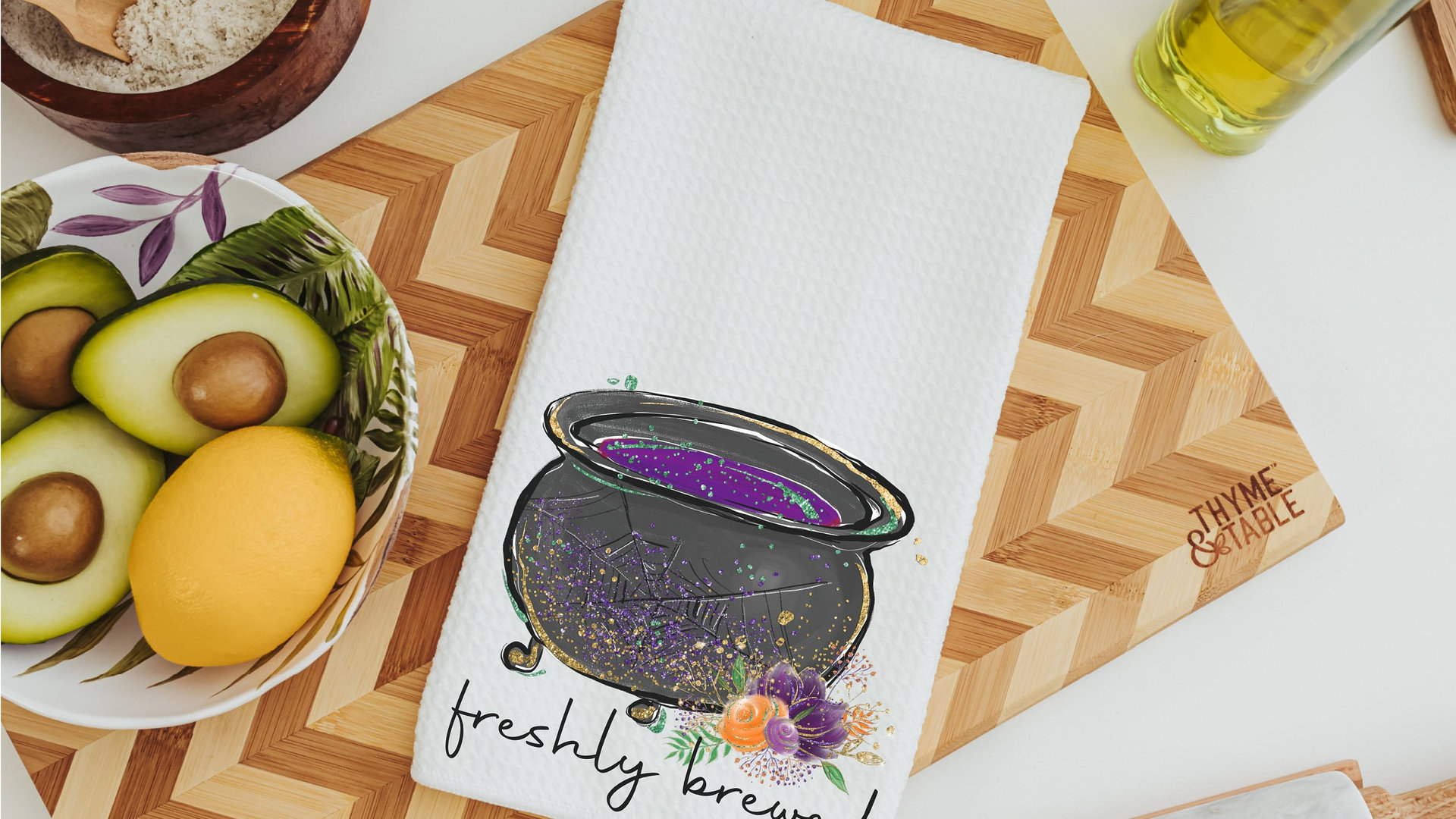 freshly brewed cute Halloween kitchen towels for friends, Halloween hand towels for bathroom, boo basket stuffers for adults, witchy kitchen