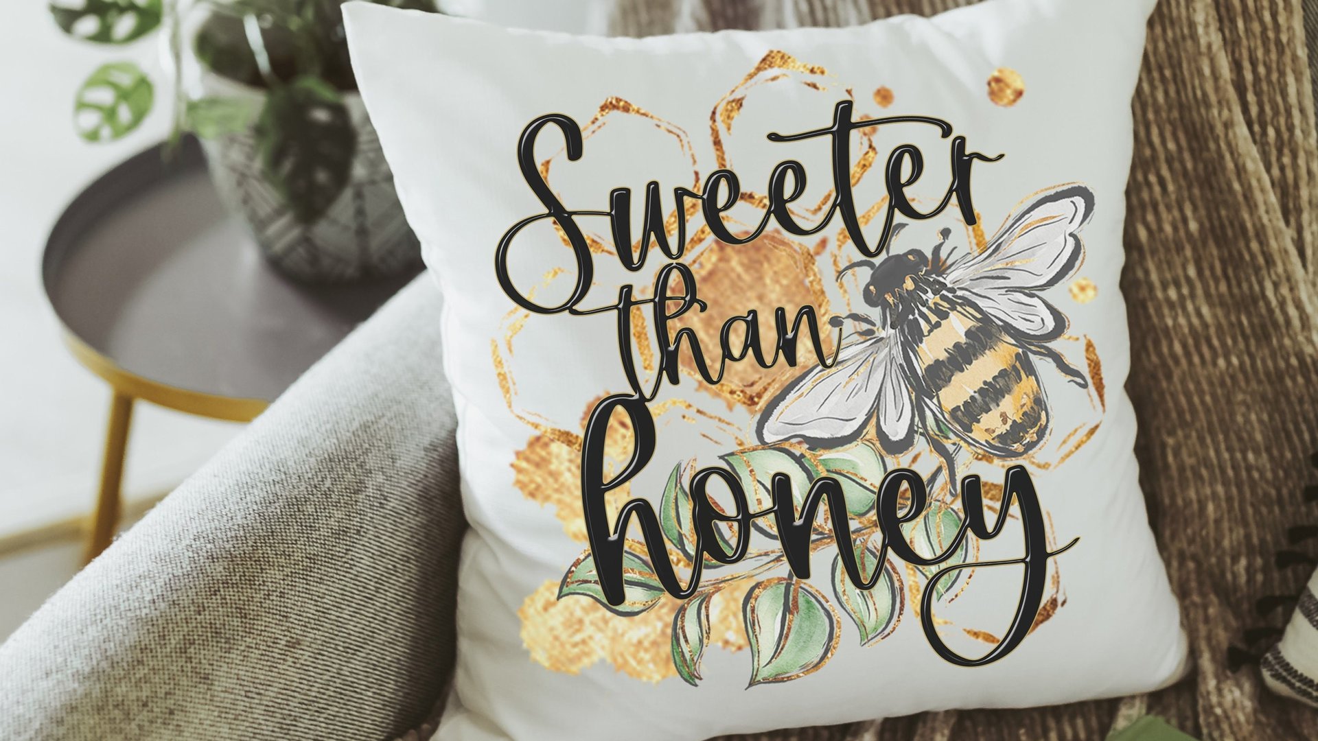 sweeter than honey bumble bee throw pillow for couch, new home gift set for her, honey bee kitchen towel, bee gifts for women, bee decor for