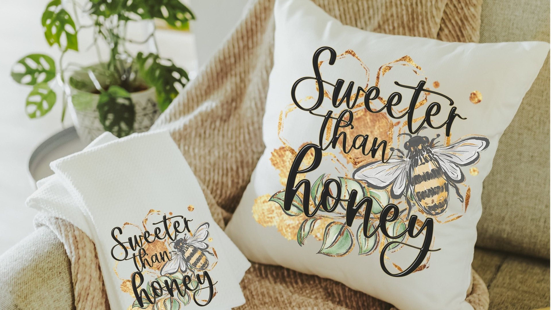 sweeter than honey bumble bee throw pillow for couch, new home gift set for her, honey bee kitchen towel, bee gifts for women, bee decor for