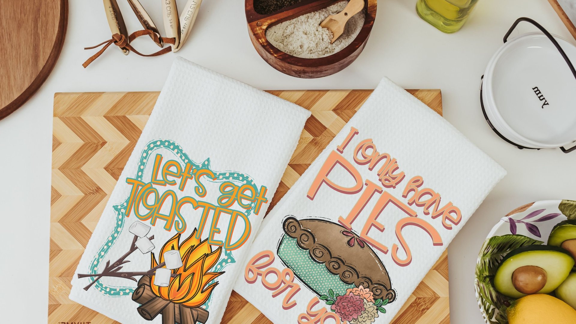 lets get toasted smores and campfire fall kitchen hand towel, camping gifts for women, pie puns funny kitchen towels for mom, baking gifts