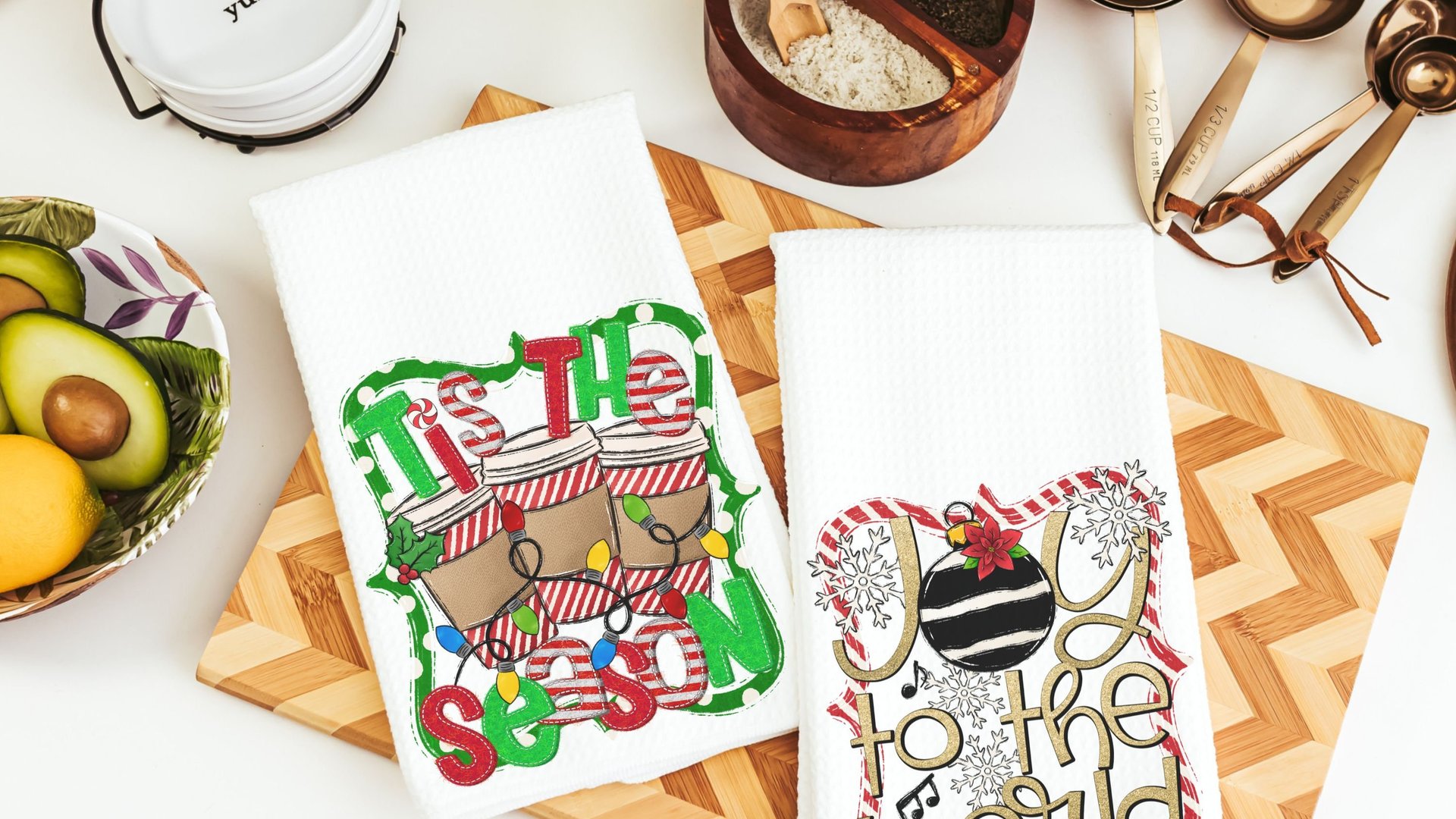 joy to the world Christmas kitchen towels, tis the season Christmas coffee bar decor, Christmas housewarming gift, Christmas hostess gift