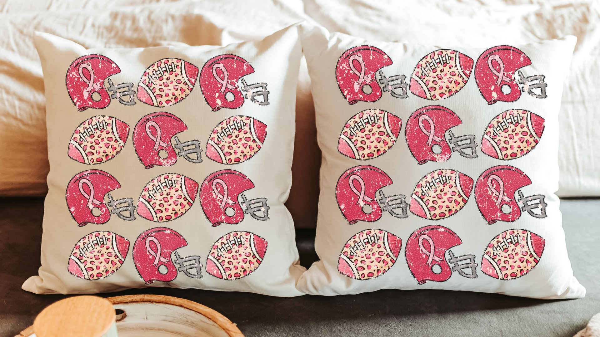 powderpuff football throw pillow for sofa, football mom gift, pink football decorations, breast cancer survivor gift, football gifts for Mom