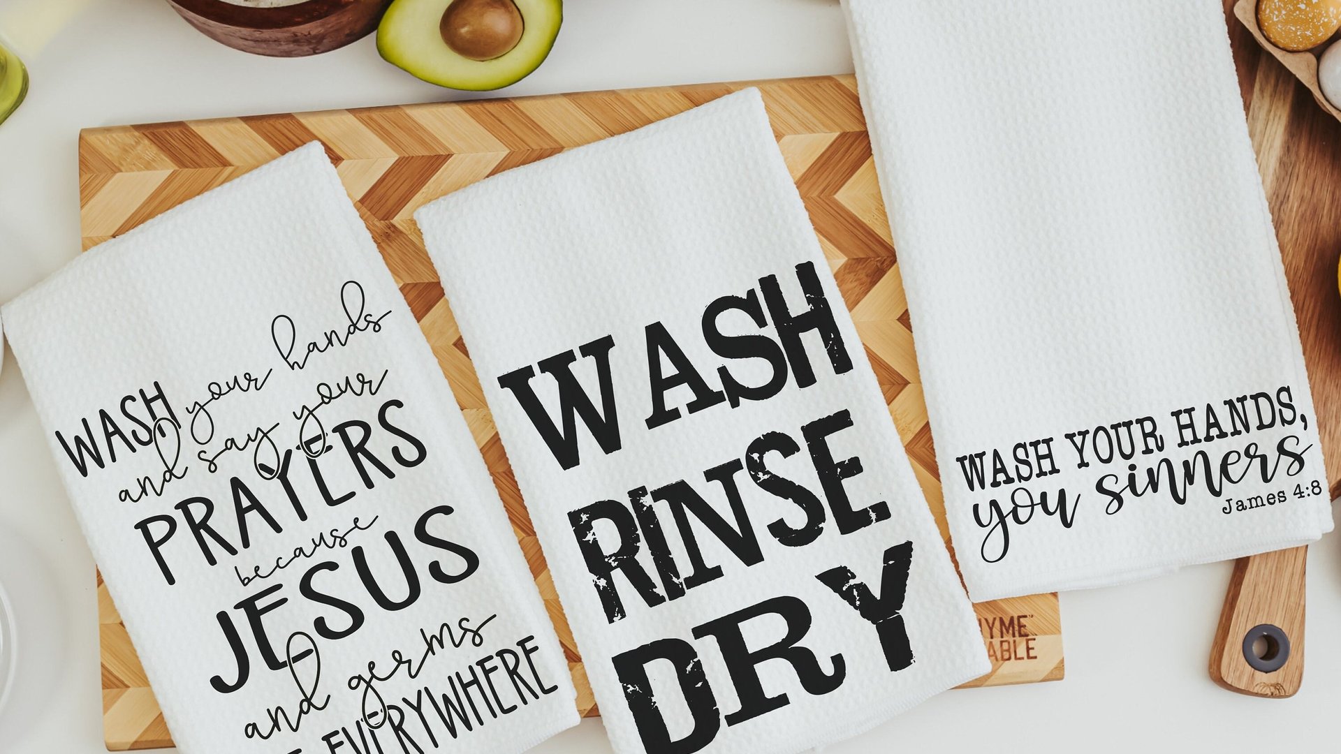 wash your hands and say your prayers funny bathroom hand towels, powder room decor, Christian humor James 4 8 Bible verse gifts for women