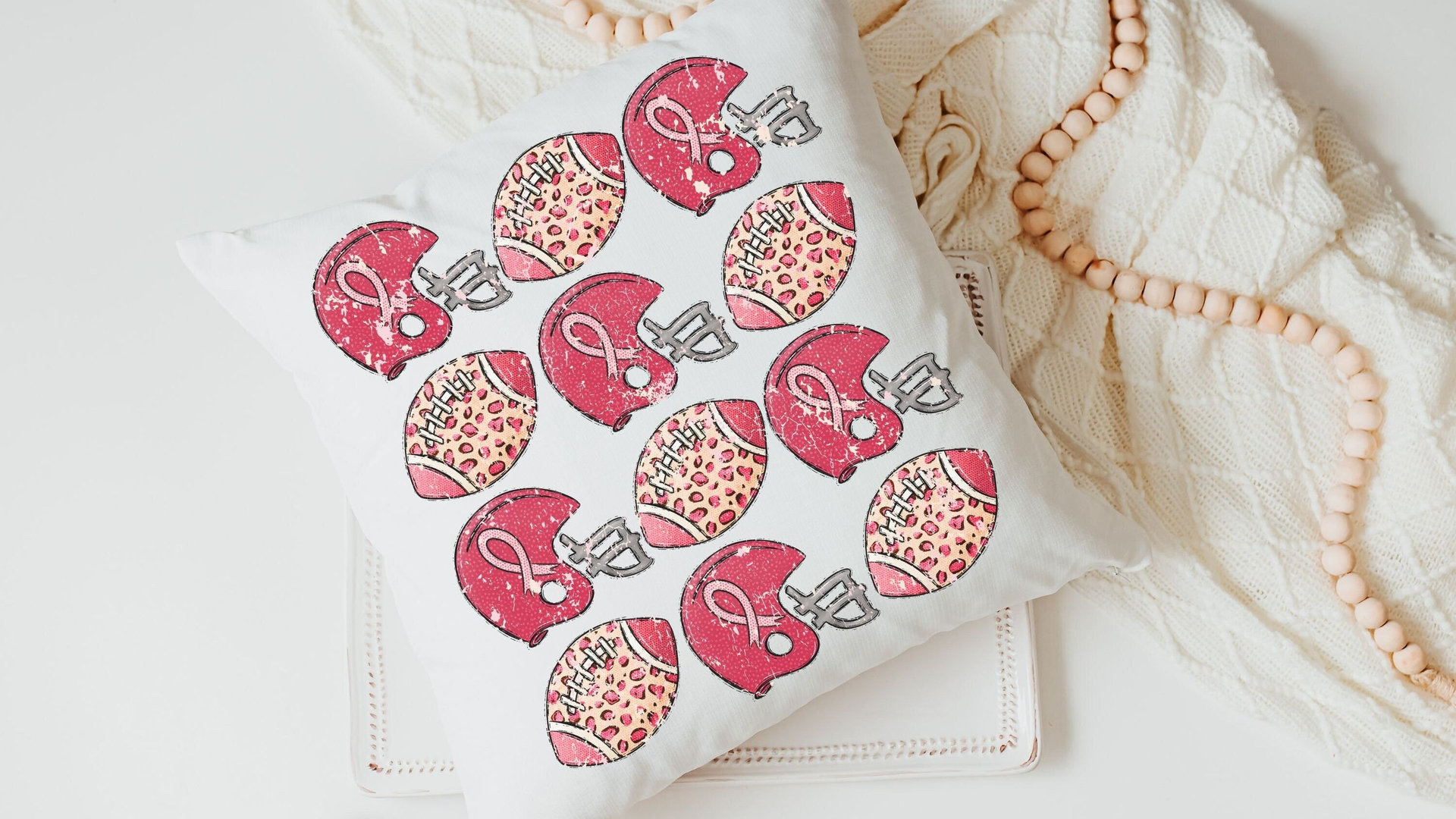 powderpuff football throw pillow for sofa, football mom gift, pink football decorations, breast cancer survivor gift, football gifts for Mom