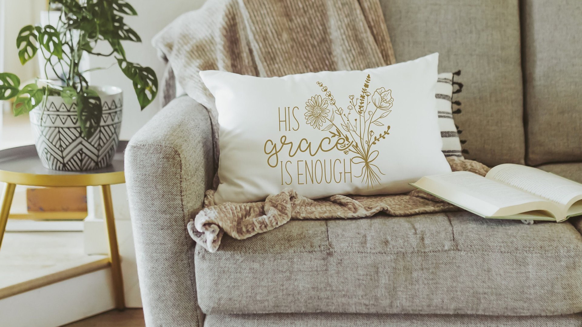 his grace is enough floral lumbar pillow cover 12x20, Christian Christmas gifts for her, 2 Corinthians 12 9 scripture throw pillow for couch
