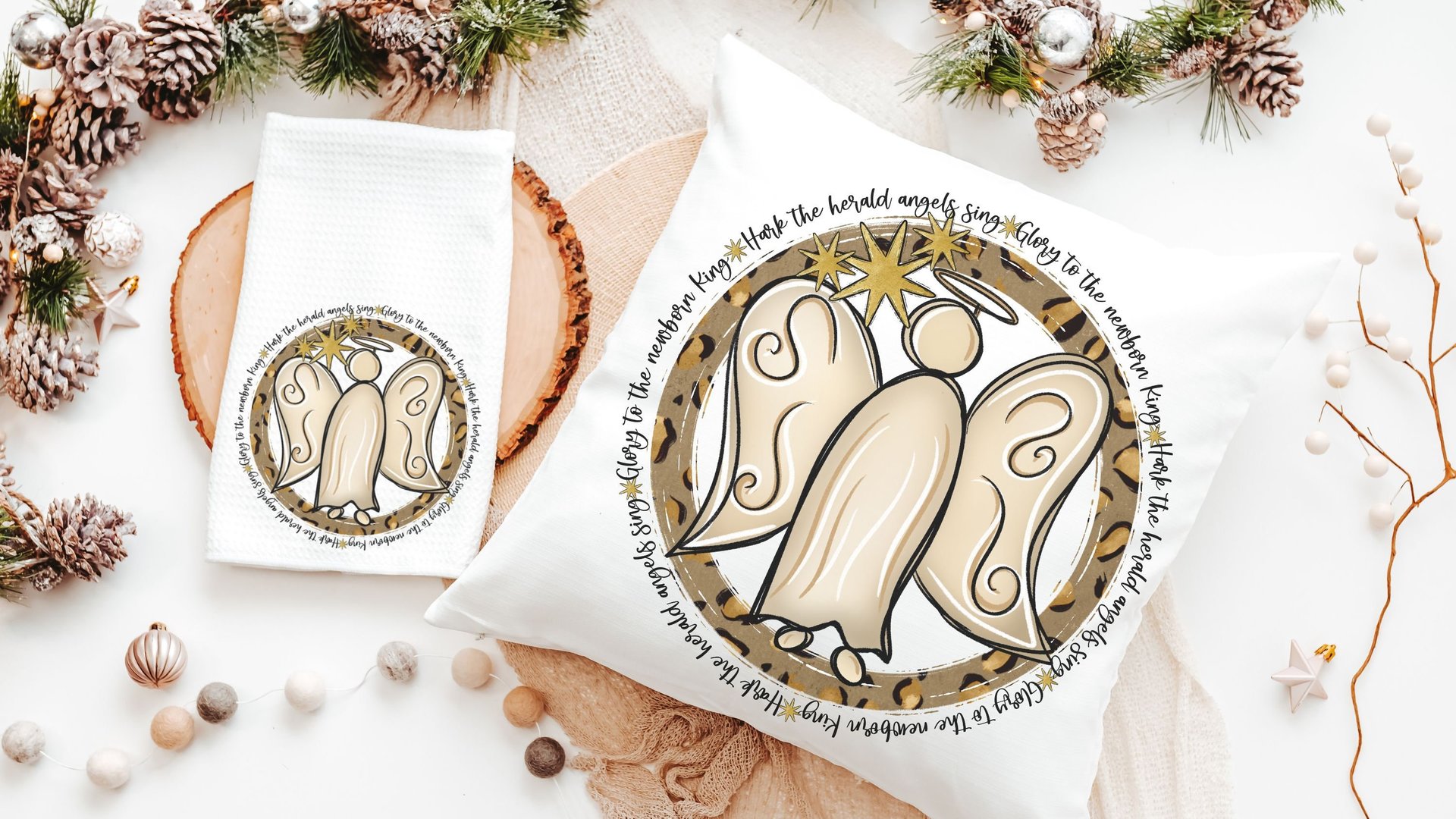 hark the herald angels sing religious Christmas throw pillow for sofa, Christian Christmas gifts for friends, angel Christmas kitchen towels