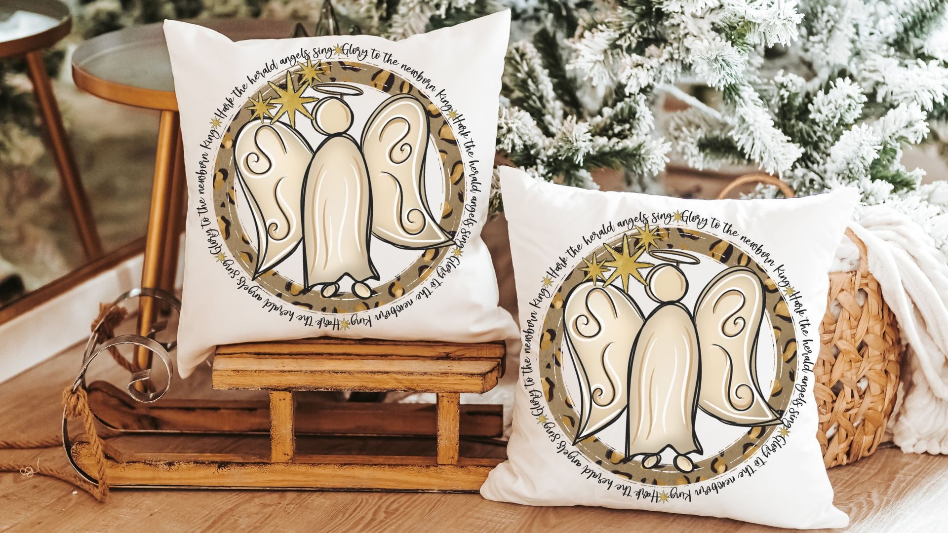 hark the herald angels sing religious Christmas throw pillow for sofa, Christian Christmas gifts for friends, angel Christmas kitchen towels