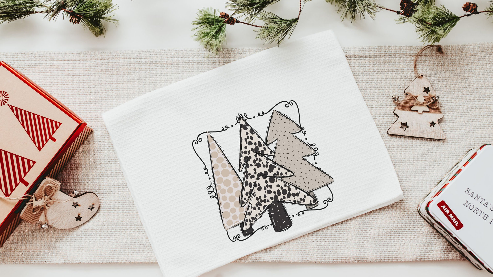 boho Christmas tree Christmas kitchen towels, cute Christmas housewarming gifts for couple, blush pink Christmas kitchen hand towels, secret