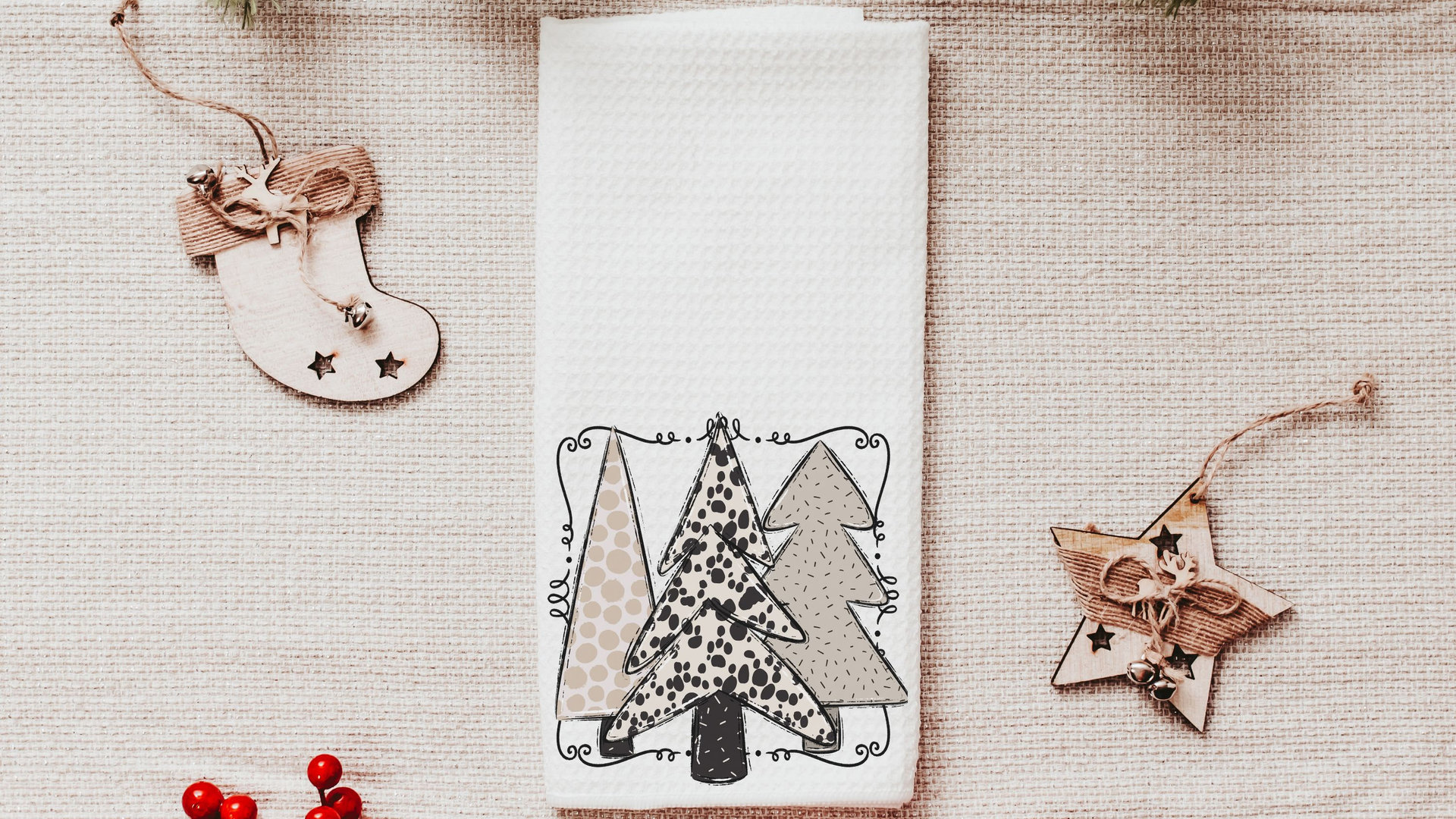 boho Christmas tree Christmas kitchen towels, cute Christmas housewarming gifts for couple, blush pink Christmas kitchen hand towels, secret