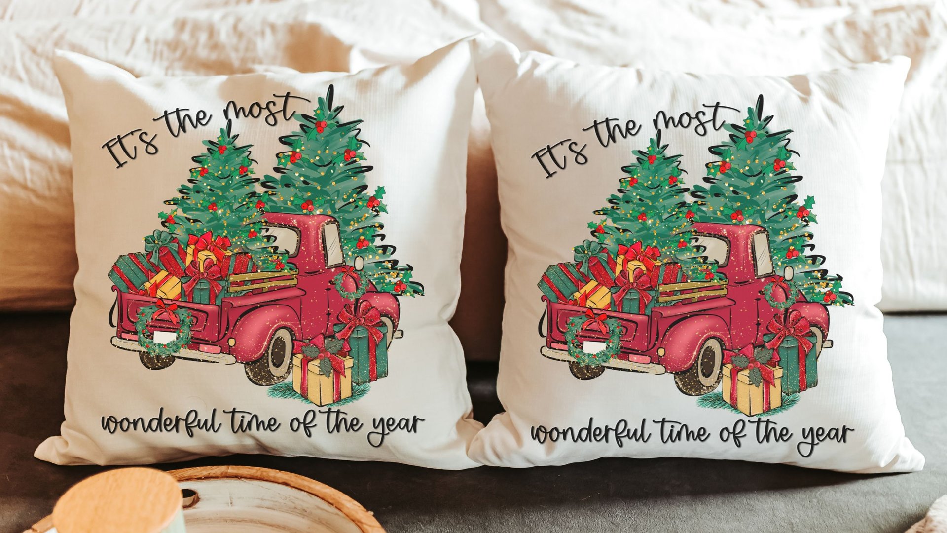 its the most wonderful time of the year Christmas throw pillow for sofa, red truck Christmas decor for home, whimsical Christmas gifts for