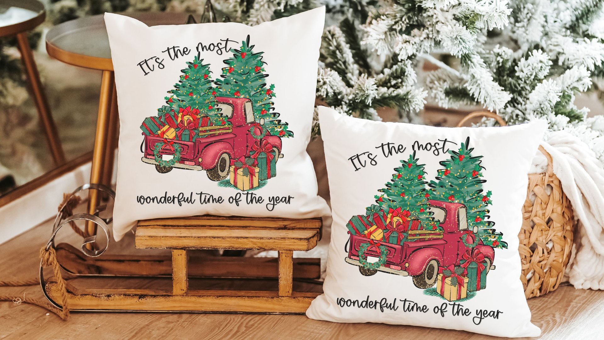 its the most wonderful time of the year Christmas throw pillow for sofa, red truck Christmas decor for home, whimsical Christmas gifts for