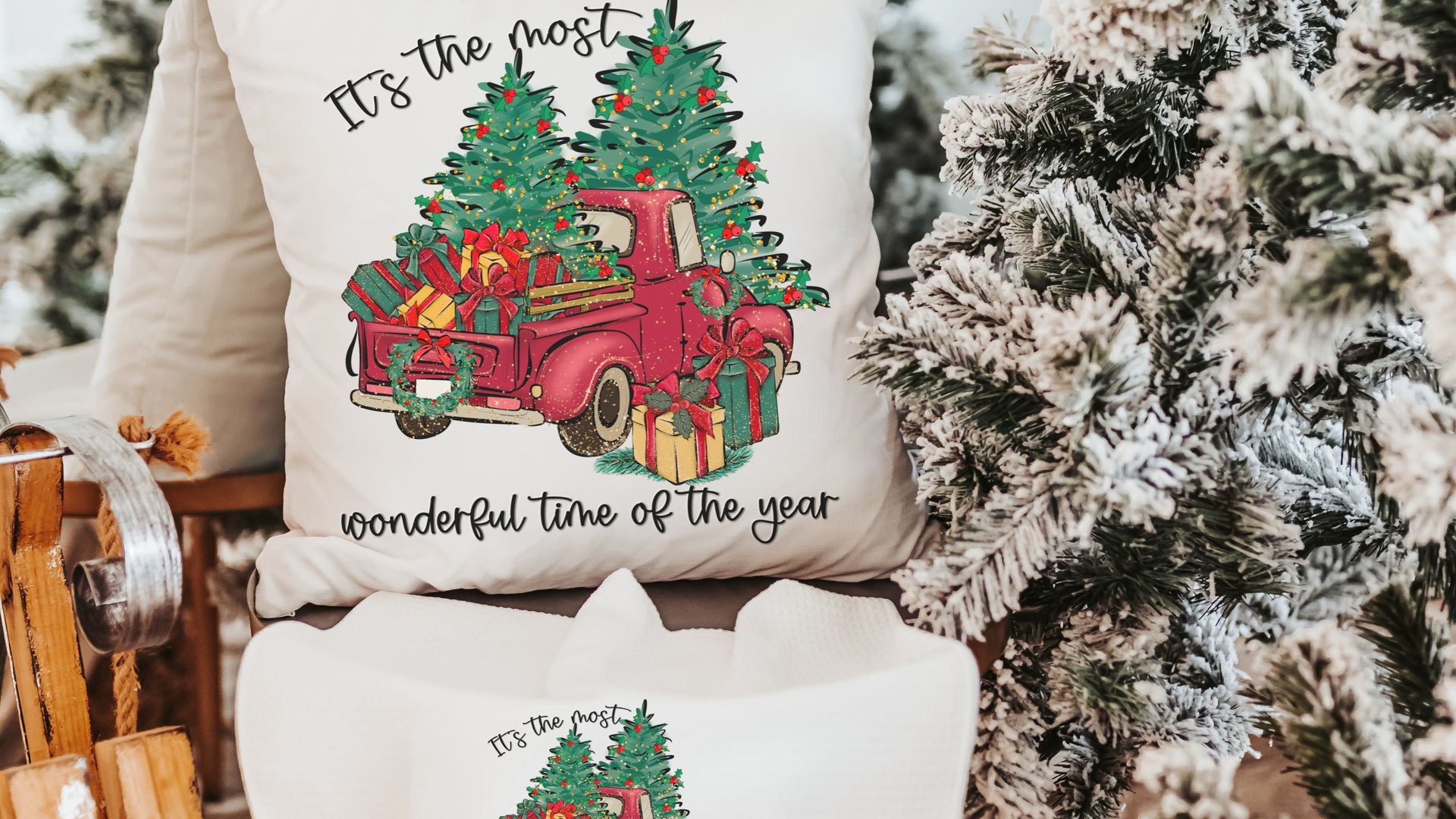 its the most wonderful time of the year Christmas throw pillow for sofa, red truck Christmas decor for home, whimsical Christmas gifts for