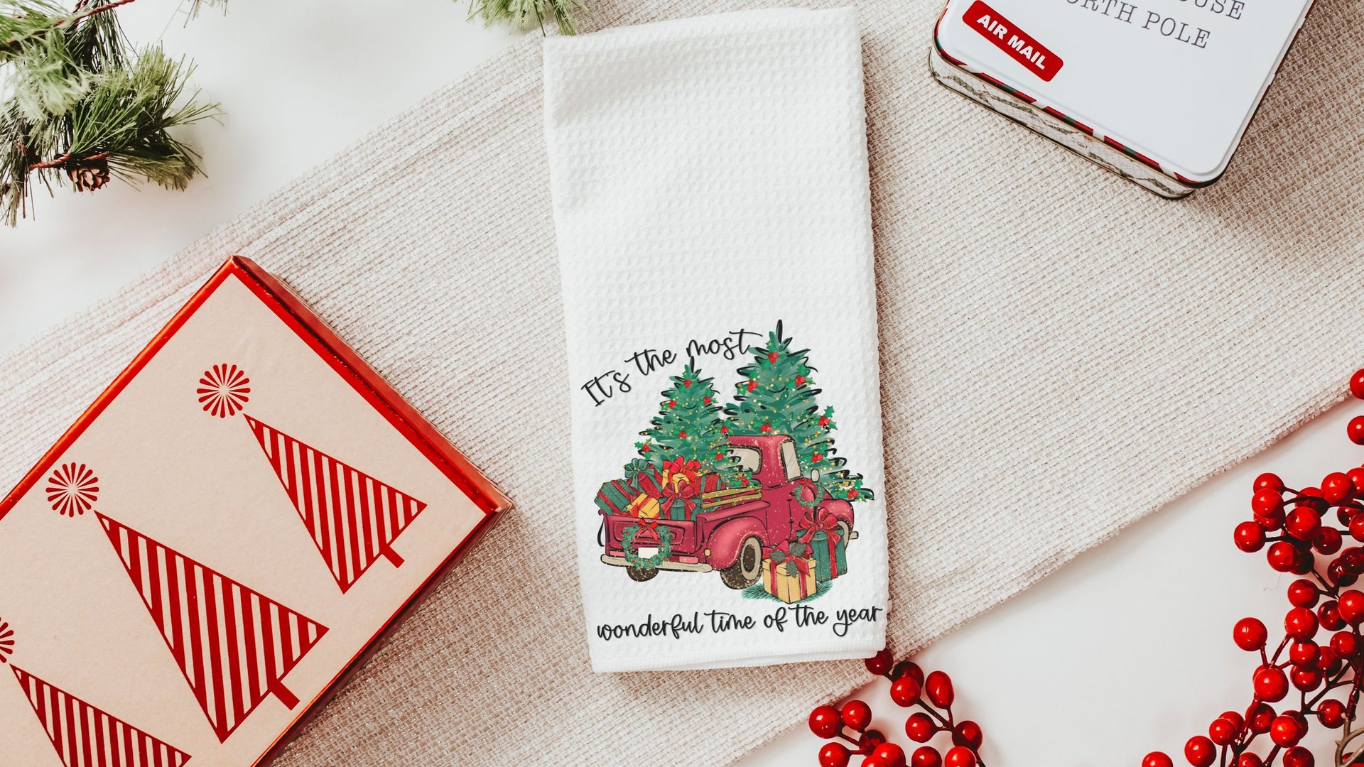 its the most wonderful time of the year Christmas throw pillow for sofa, red truck Christmas decor for home, whimsical Christmas gifts for