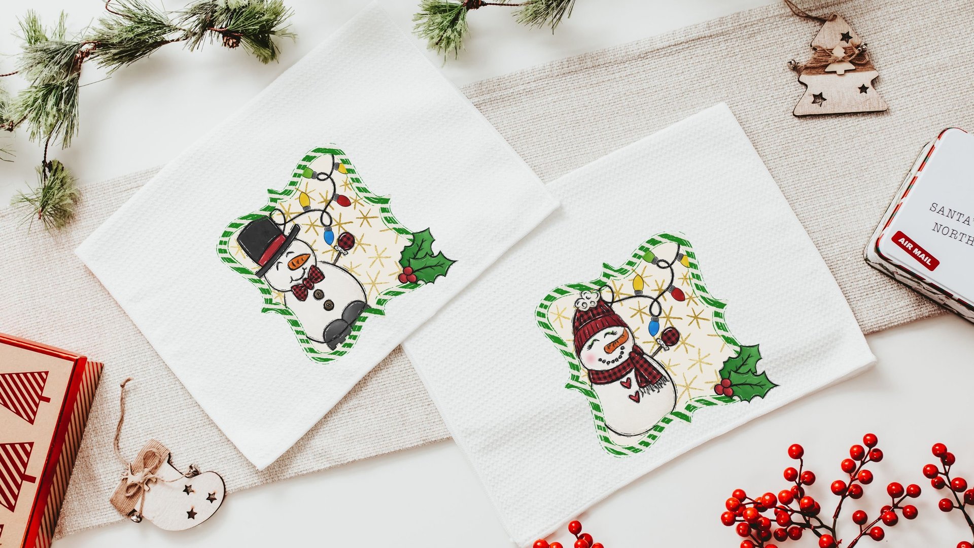 mr and mrs snowman kitchen towels for Christmas, holiday hosting decor home decor gift for couple, newlywed stocking stuffers for adults
