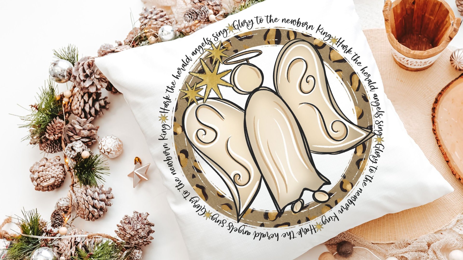 hark the herald angels sing religious Christmas throw pillow for sofa, Christian Christmas gifts for friends, angel Christmas kitchen towels