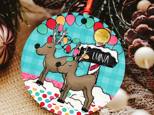 Personalized Reindeer Christmas Ornament and Stocking Tag